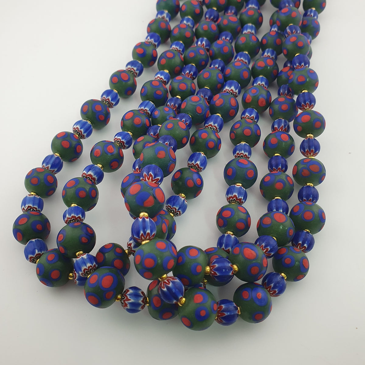 Antique Venetian Style Green Thosuand Eyes Glass & Blue Chevron Glass Beads Necklace