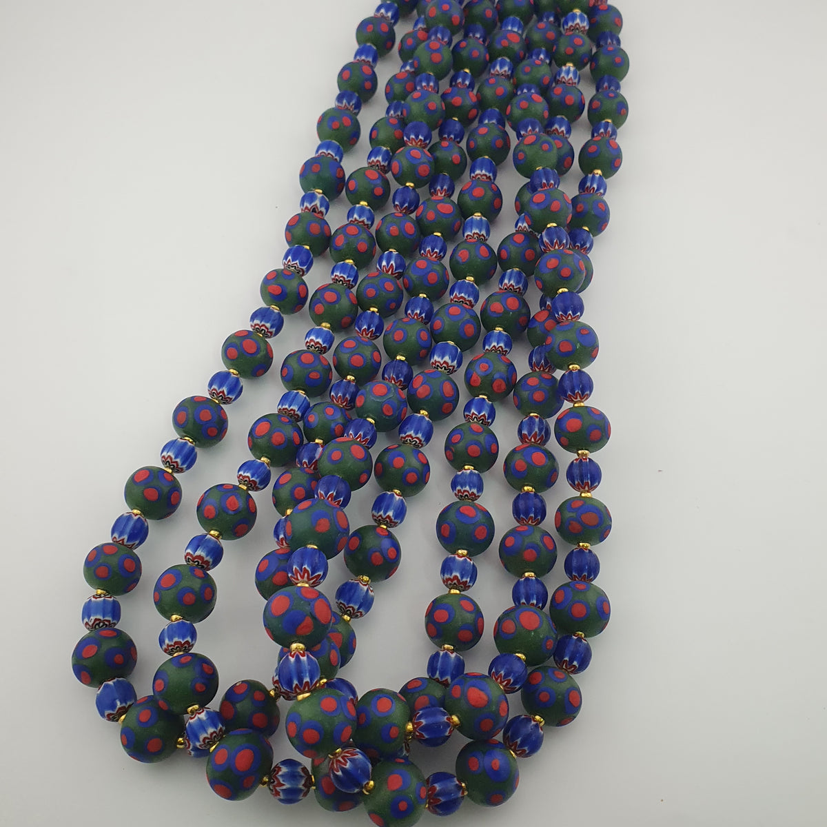 Antique Venetian Style Green Thosuand Eyes Glass & Blue Chevron Glass Beads Necklace