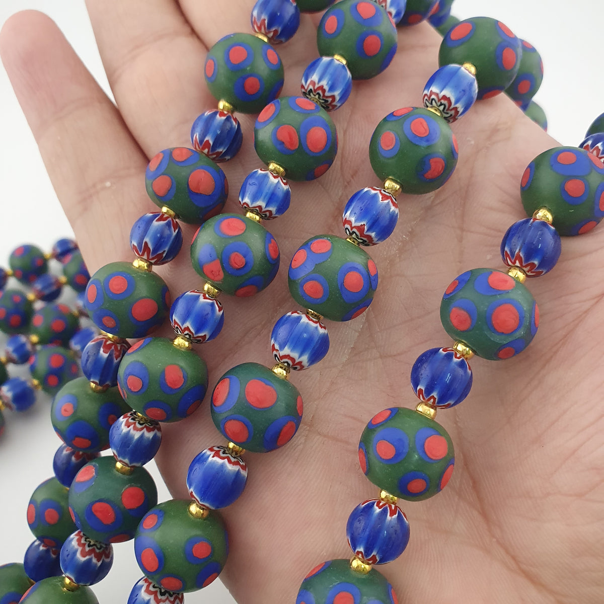 Antique Venetian Style Green Thosuand Eyes Glass & Blue Chevron Glass Beads Necklace