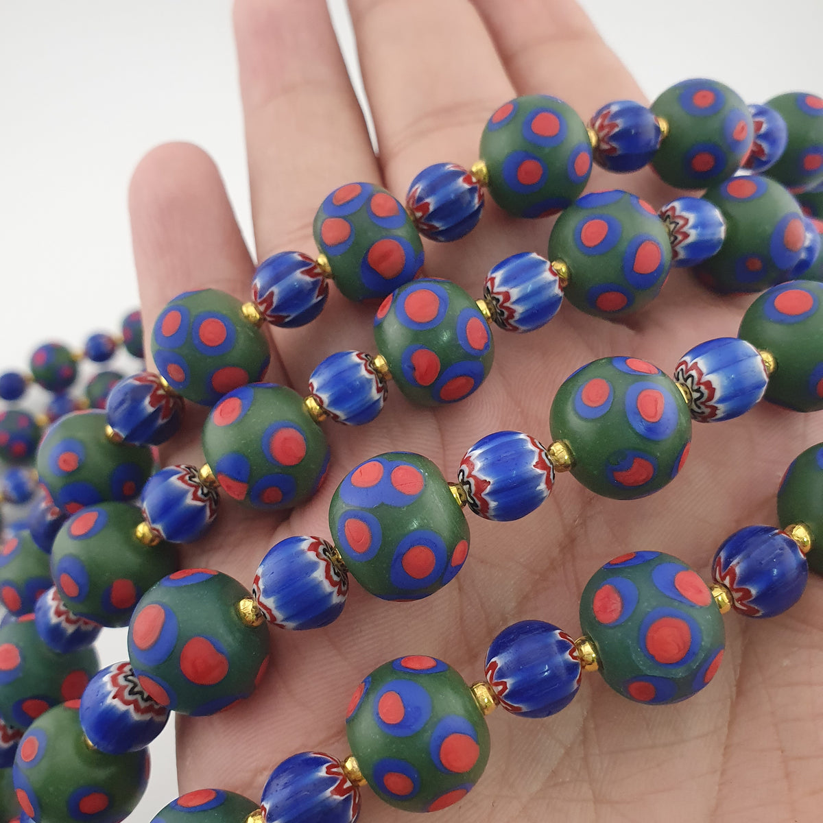 Antique Venetian Style Green Thosuand Eyes Glass & Blue Chevron Glass Beads Necklace