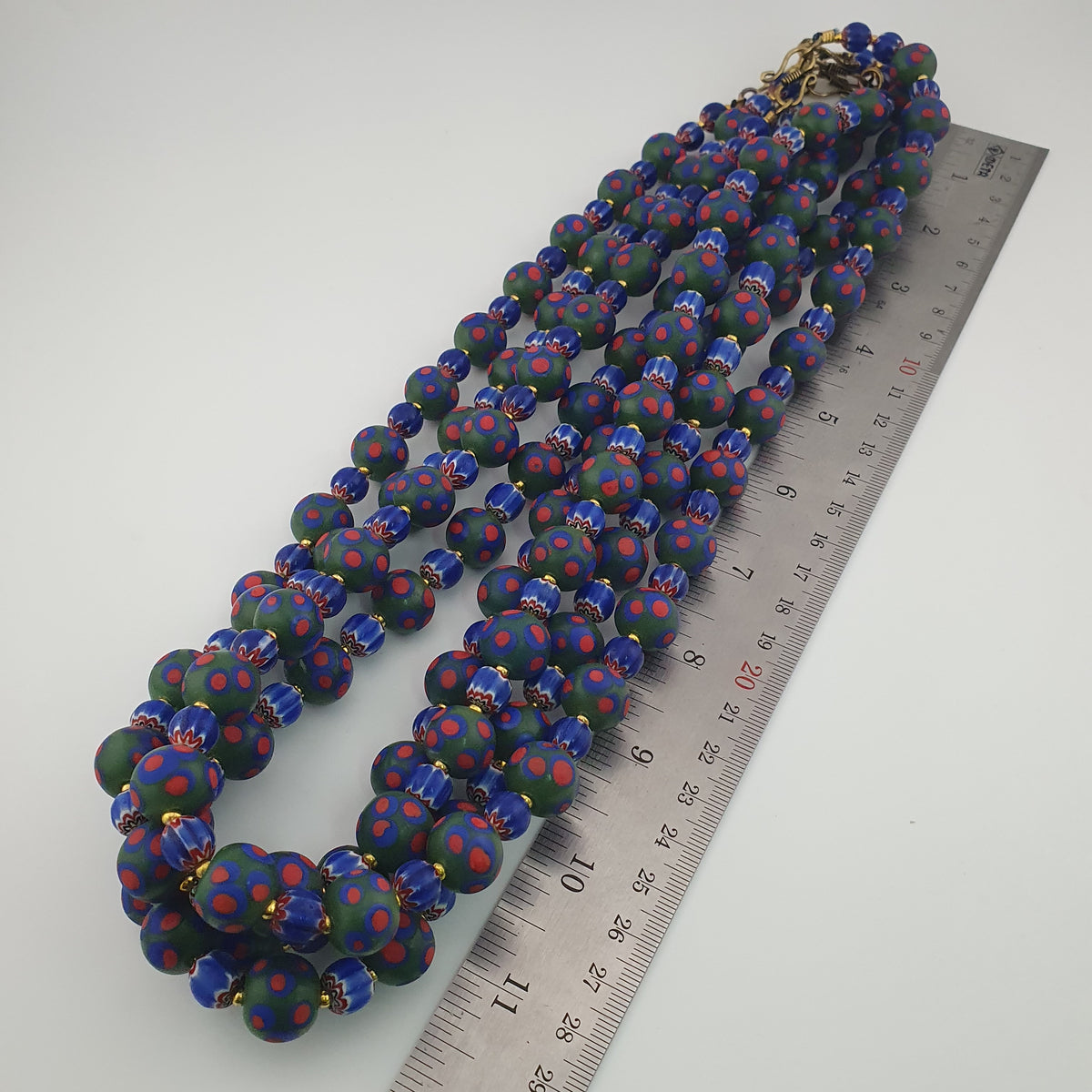Antique Venetian Style Green Thosuand Eyes Glass & Blue Chevron Glass Beads Necklace