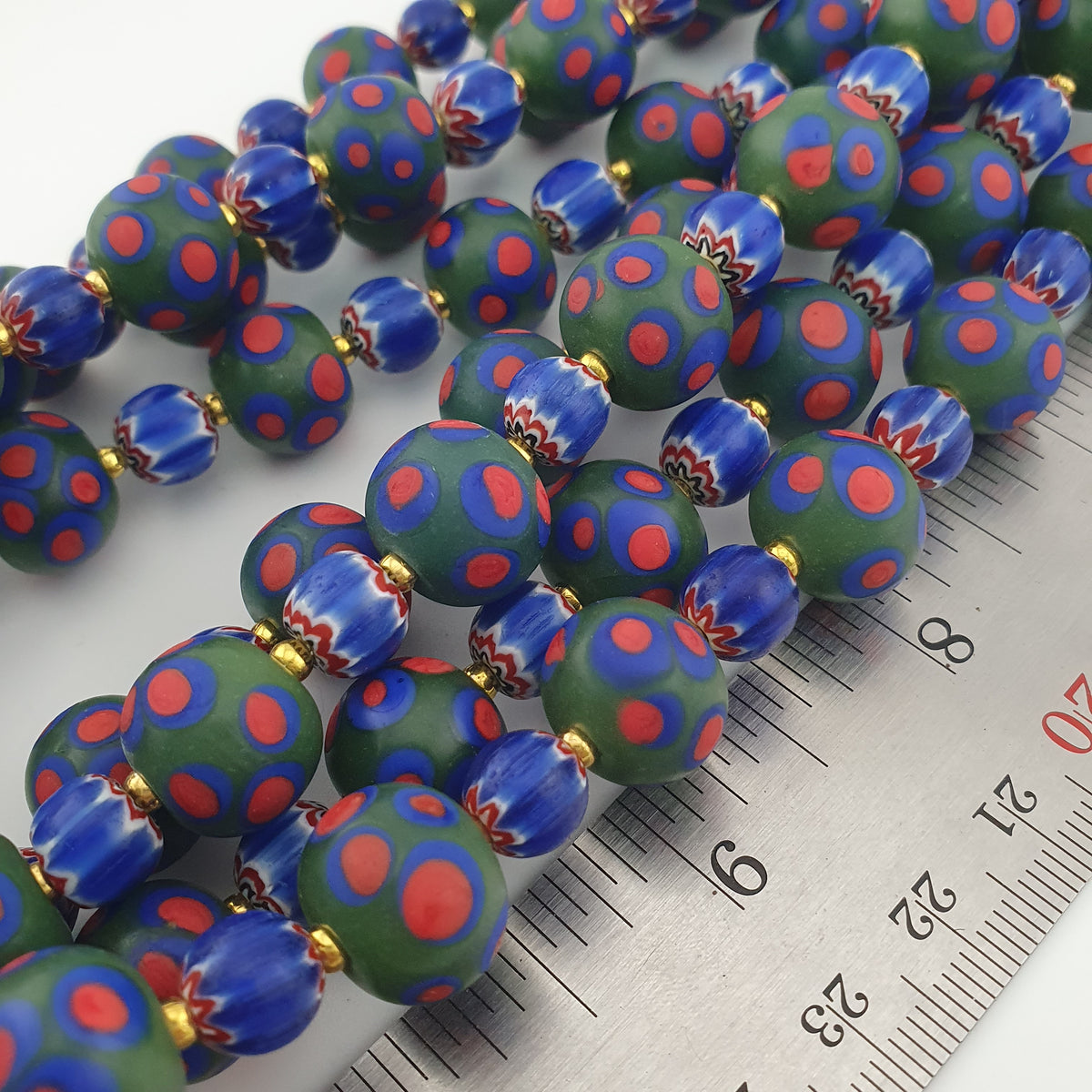 Antique Venetian Style Green Thosuand Eyes Glass & Blue Chevron Glass Beads Necklace