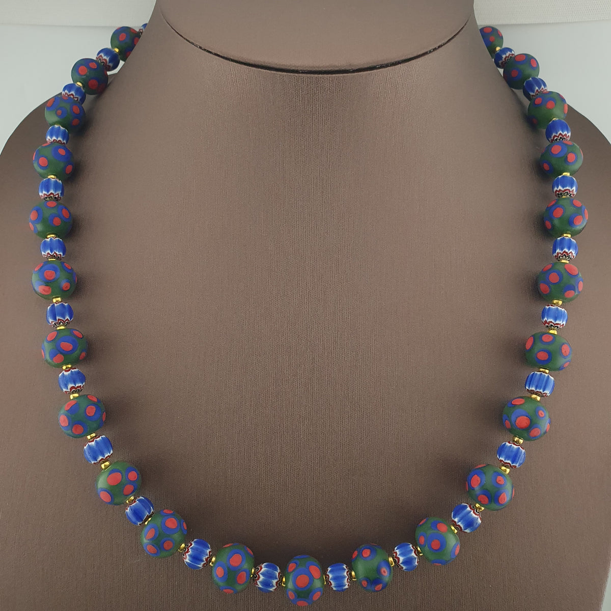 Antique Venetian Style Green Thosuand Eyes Glass & Blue Chevron Glass Beads Necklace