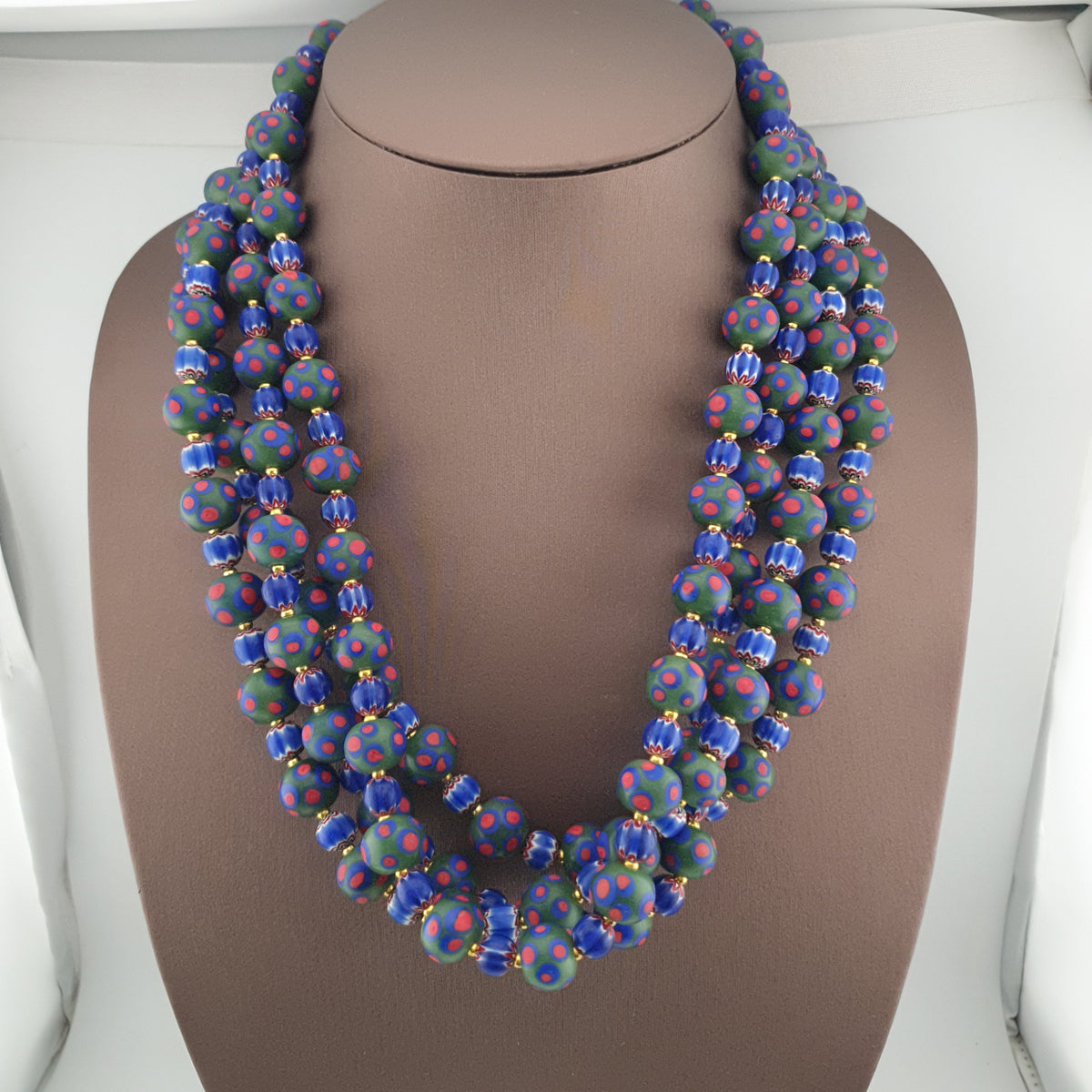 Antique Venetian Style Green Thosuand Eyes Glass & Blue Chevron Glass Beads Necklace