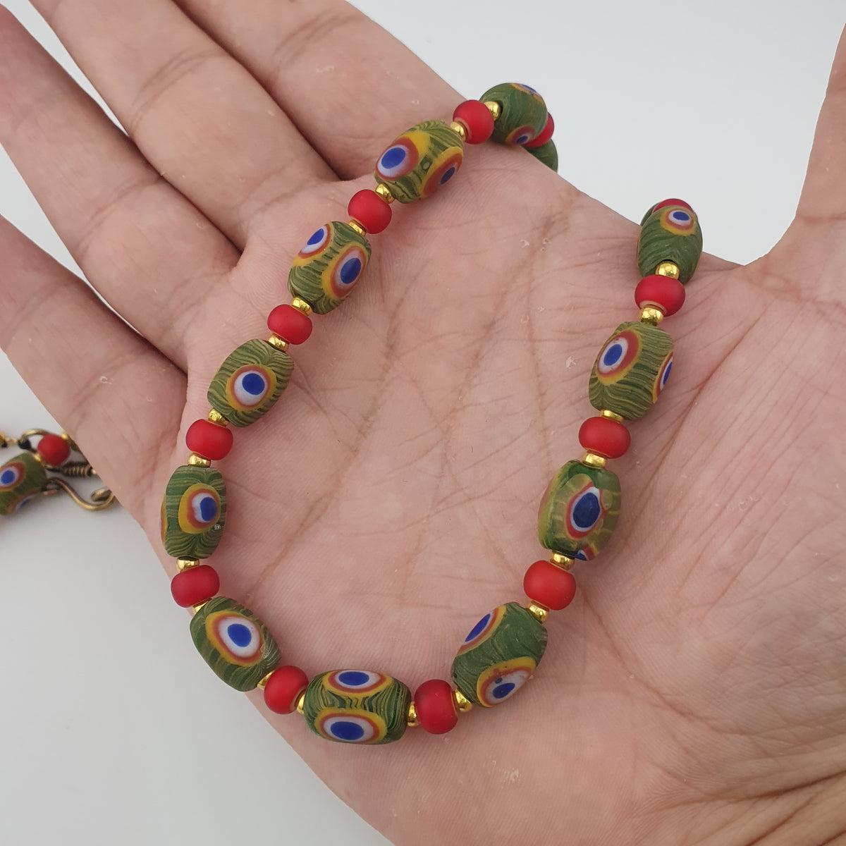 Antique Venetian Style Gabri Eyes & Venetian WhiteHeart Glass Beads Necklace