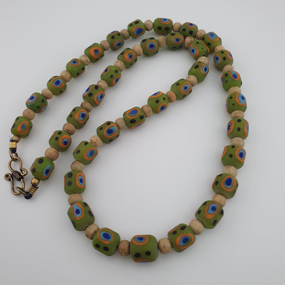 Antique Venetian Style Gabri Eyes Green Glass & Bone Beads Necklace