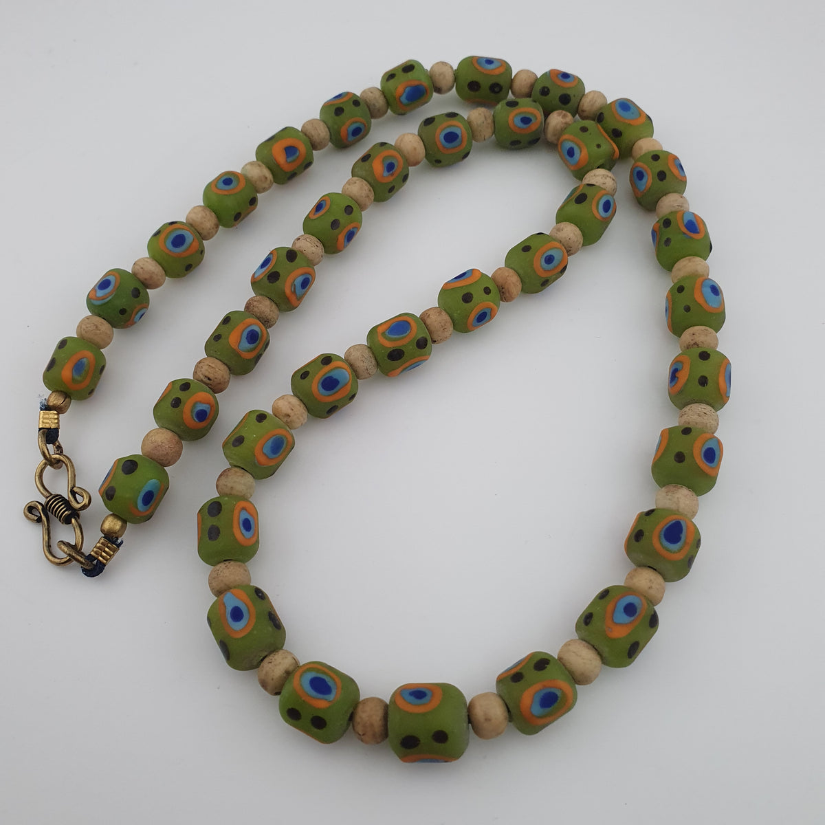 Antique Venetian Style Gabri Eyes Green Glass & Bone Beads Necklace