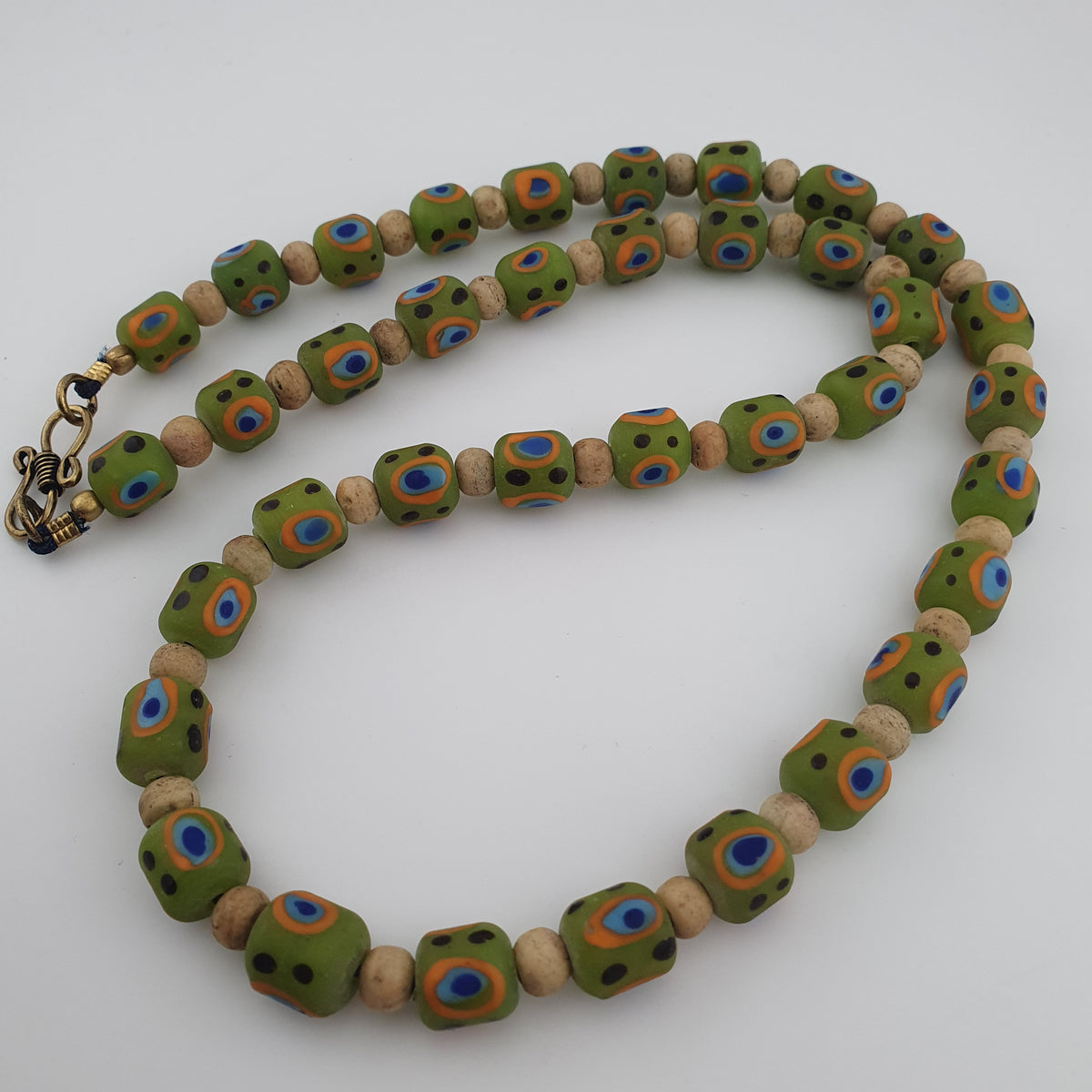 Antique Venetian Style Gabri Eyes Green Glass & Bone Beads Necklace
