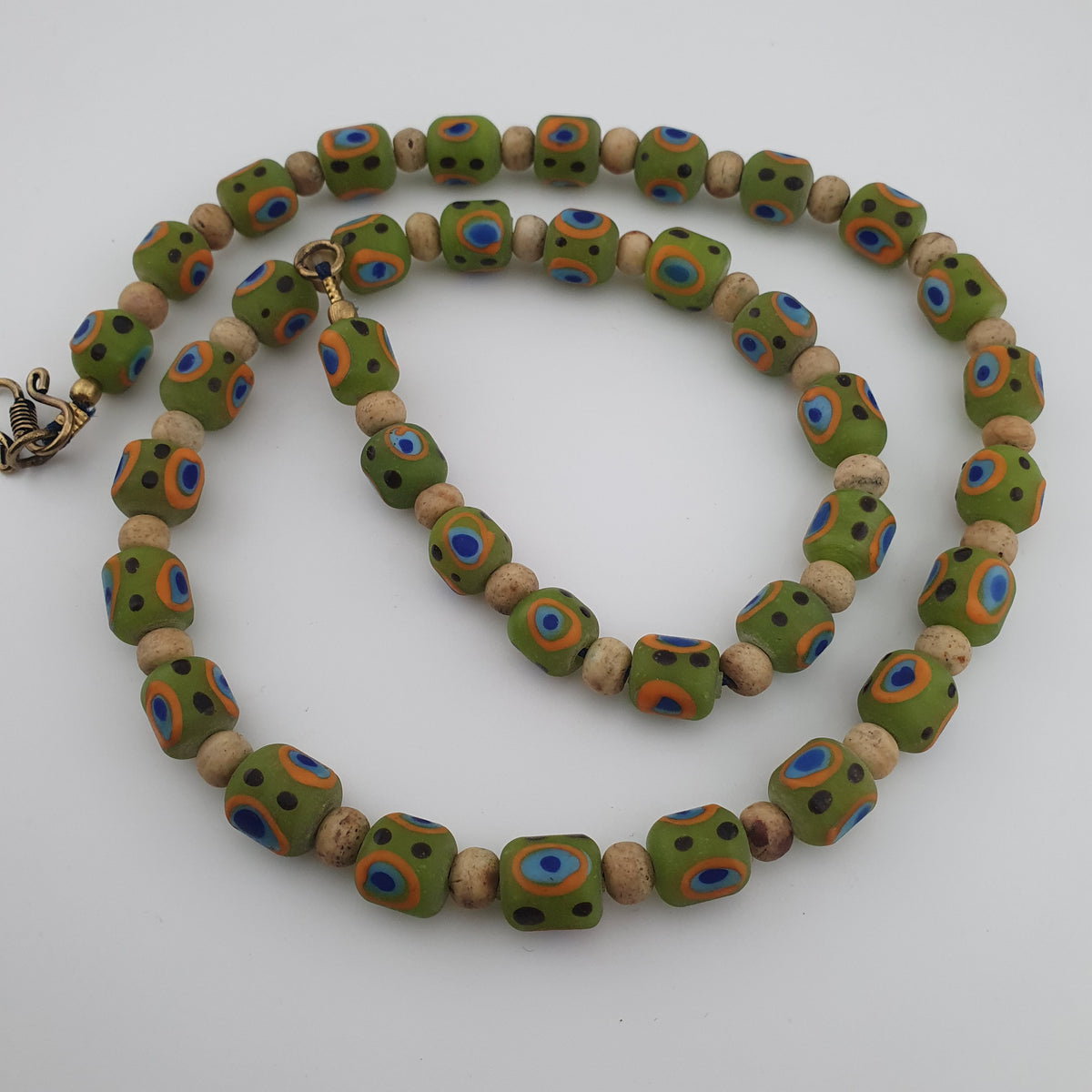 Antique Venetian Style Gabri Eyes Green Glass & Bone Beads Necklace