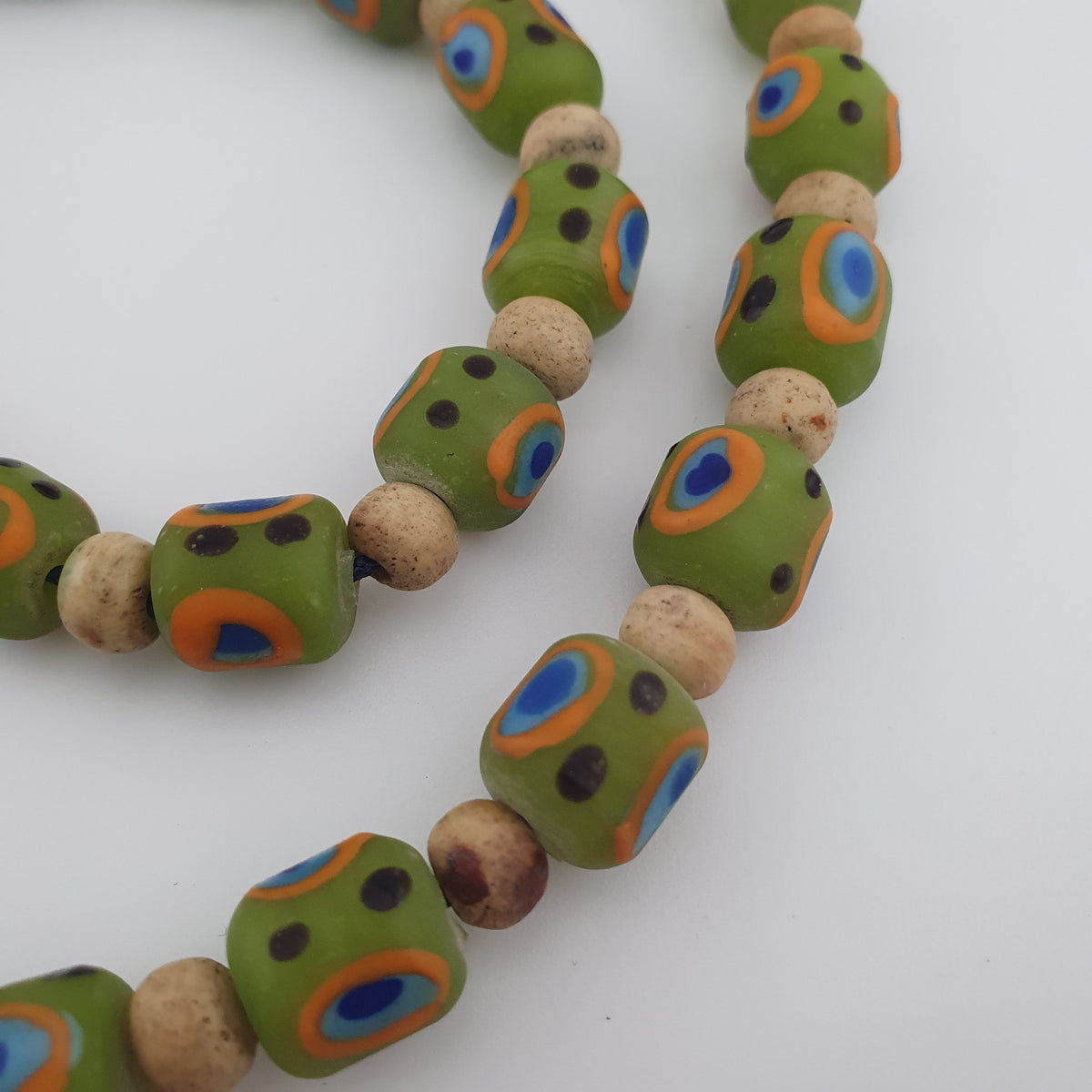 Antique Venetian Style Gabri Eyes Green Glass & Bone Beads Necklace