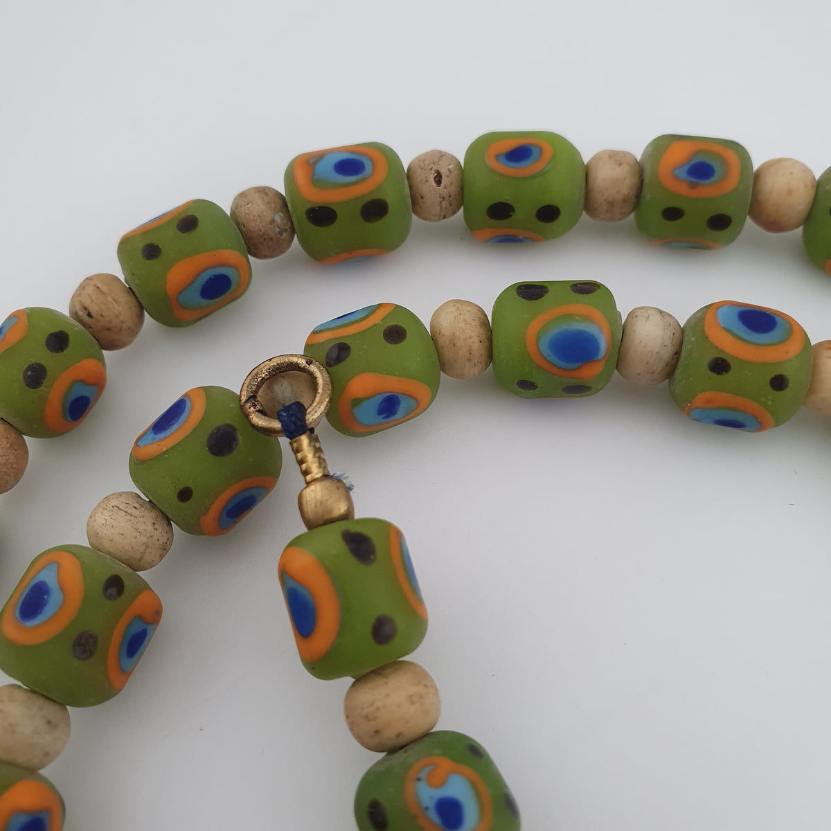 Antique Venetian Style Gabri Eyes Green Glass & Bone Beads Necklace
