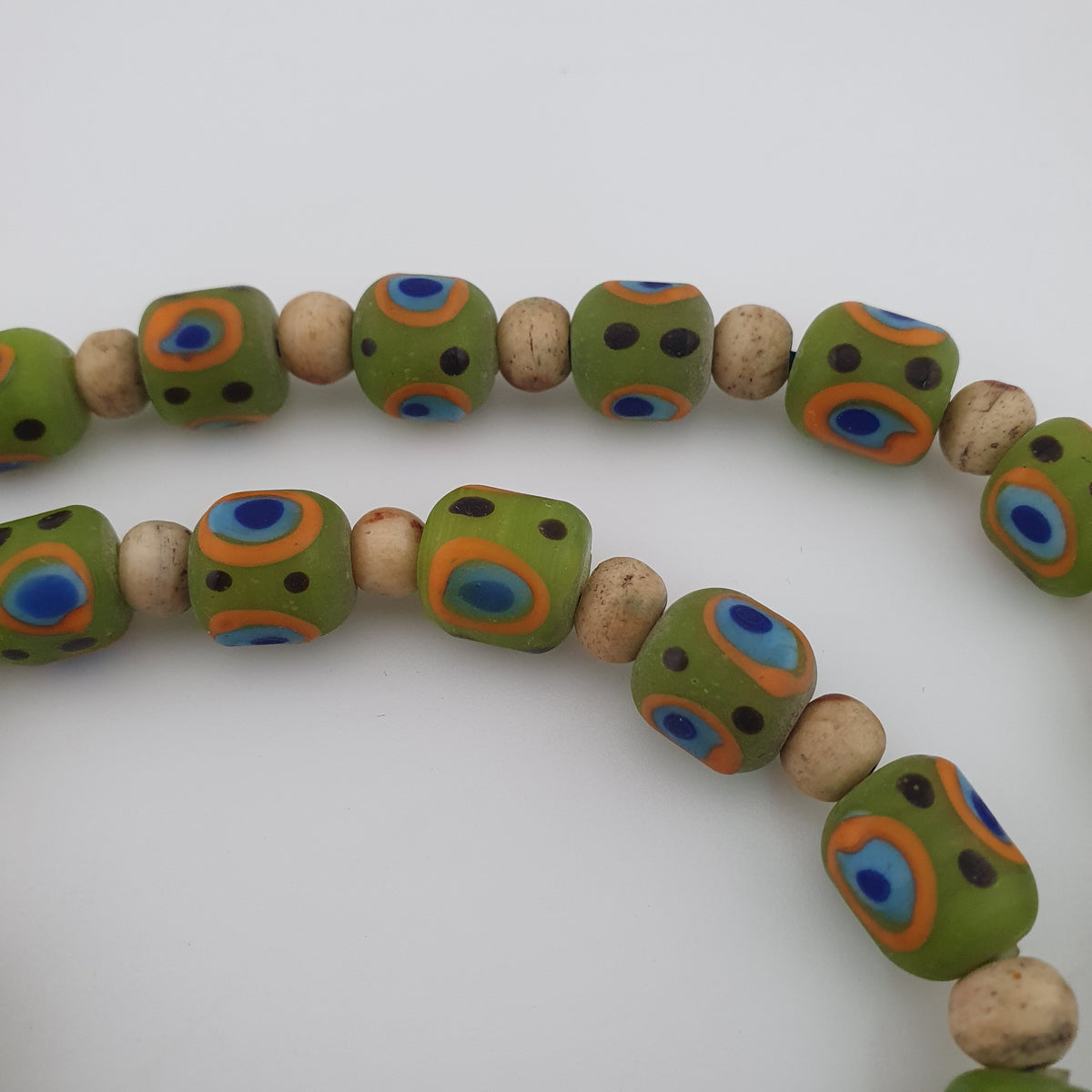 Antique Venetian Style Gabri Eyes Green Glass & Bone Beads Necklace