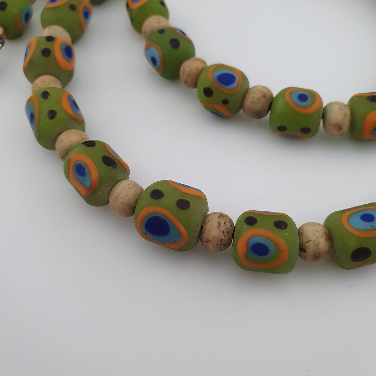 Antique Venetian Style Gabri Eyes Green Glass & Bone Beads Necklace