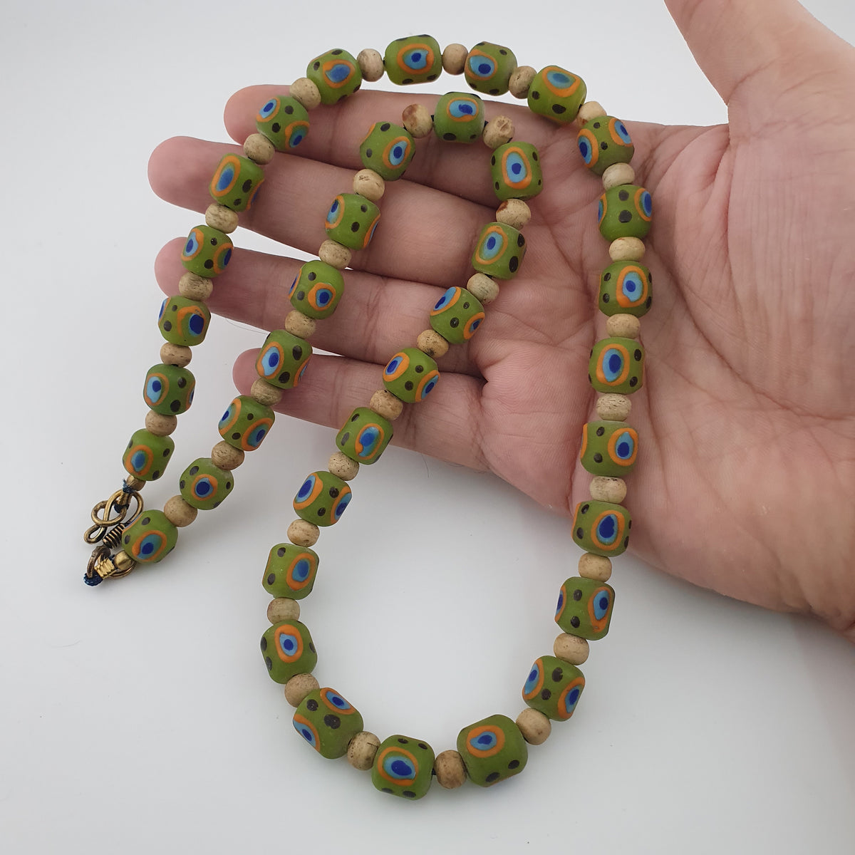 Antique Venetian Style Gabri Eyes Green Glass & Bone Beads Necklace