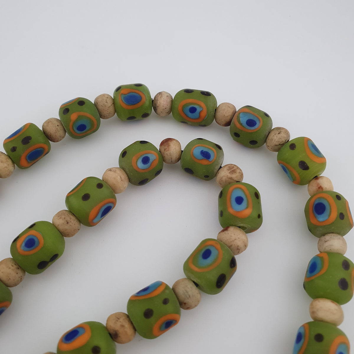 Antique Venetian Style Gabri Eyes Green Glass & Bone Beads Necklace