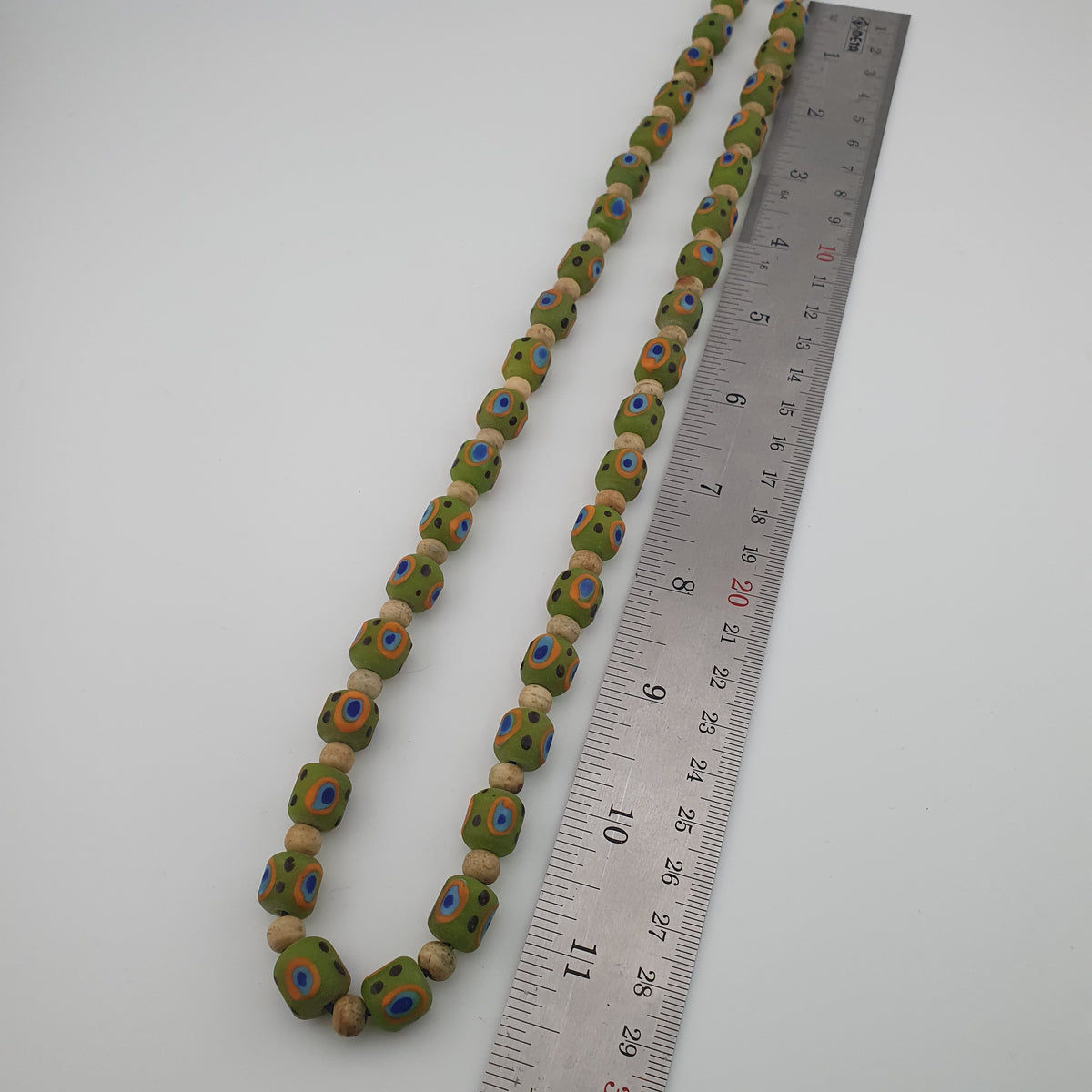 Antique Venetian Style Gabri Eyes Green Glass & Bone Beads Necklace