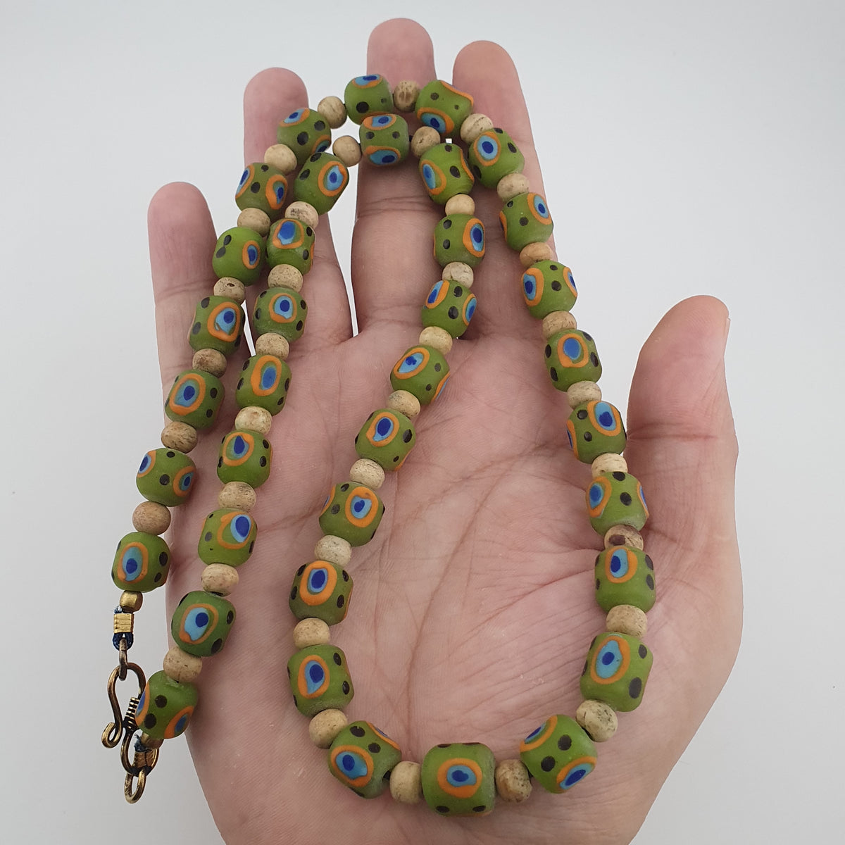 Antique Venetian Style Gabri Eyes Green Glass & Bone Beads Necklace