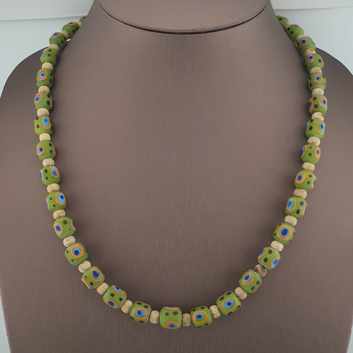 Antique Venetian Style Gabri Eyes Green Glass & Bone Beads Necklace