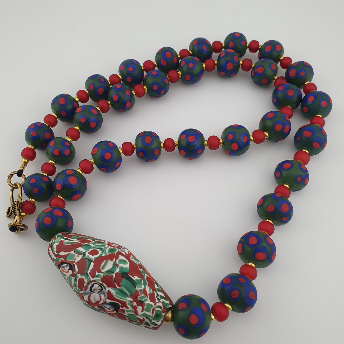 Antique Venetian Trade Beads Eye Glass, WhiteHeart & Millefiori Pendant Necklace