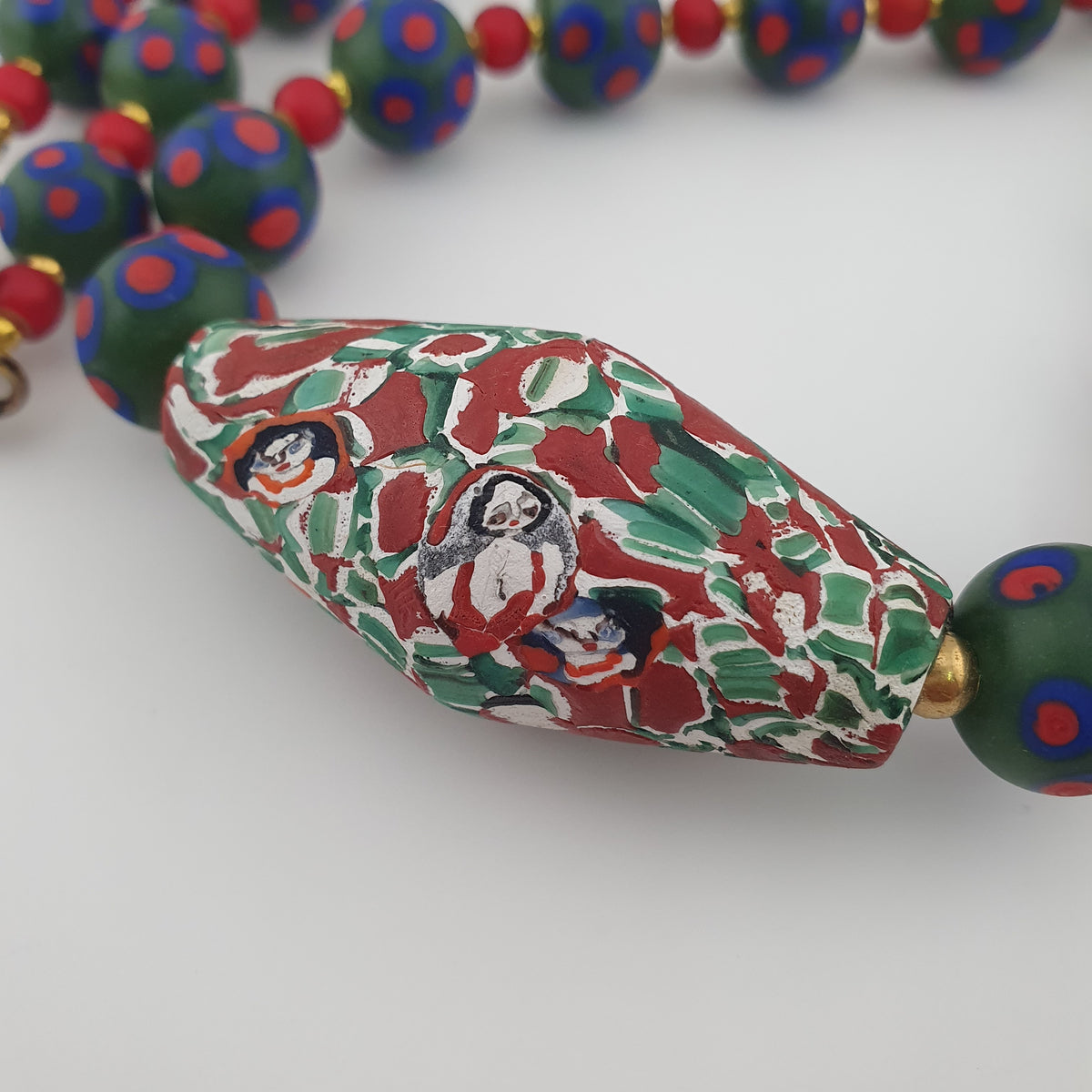 Antique Venetian Trade Beads Eye Glass, WhiteHeart & Millefiori Pendant Necklace