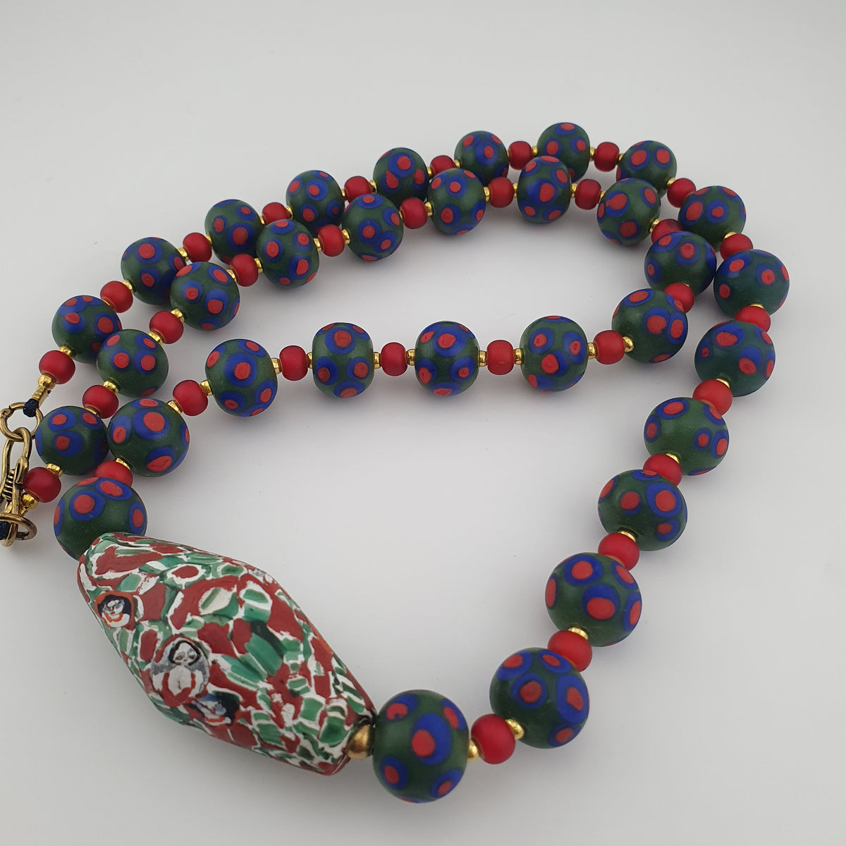 Antique Venetian Trade Beads Eye Glass, WhiteHeart & Millefiori Pendant Necklace