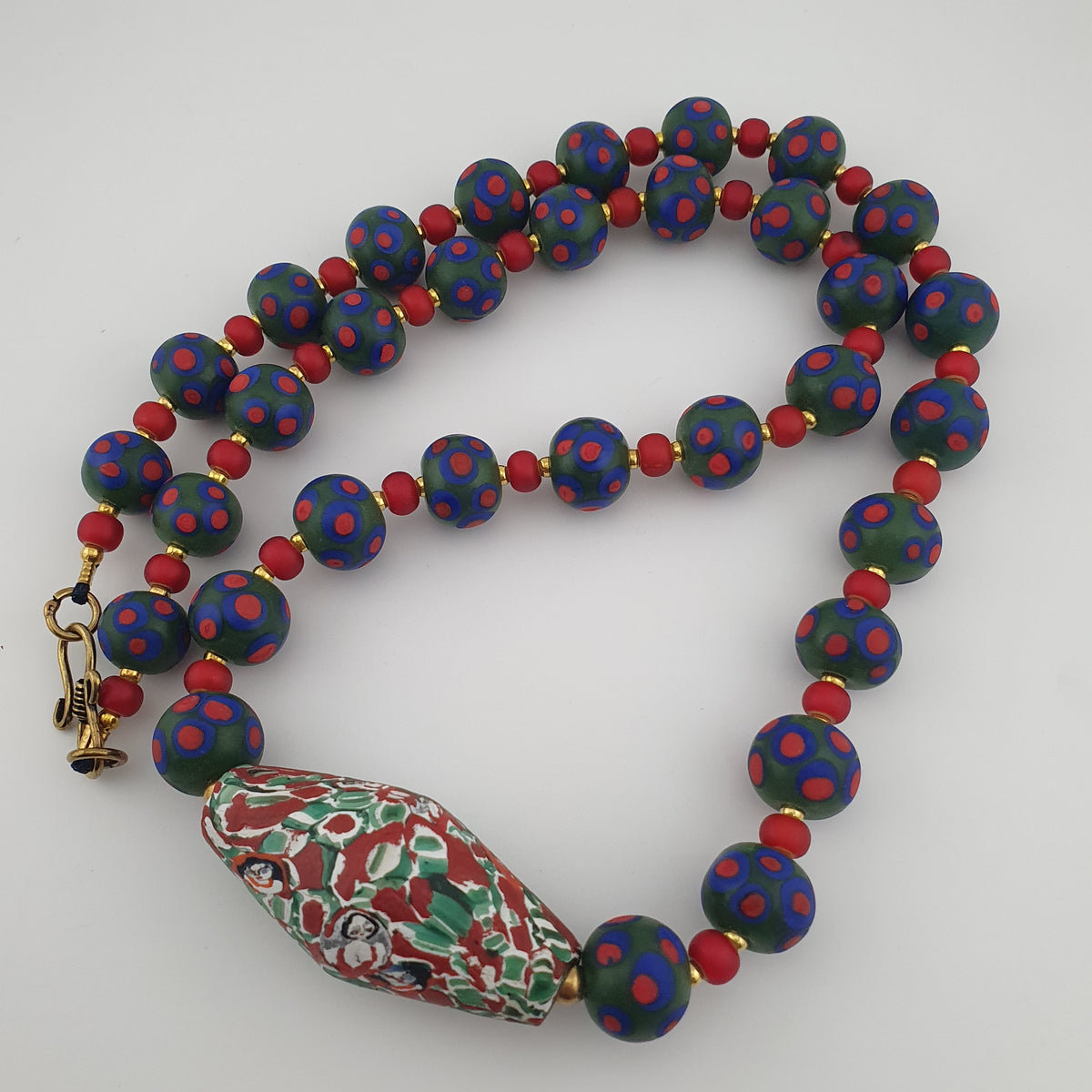 Antique Venetian Trade Beads Eye Glass, WhiteHeart & Millefiori Pendant Necklace