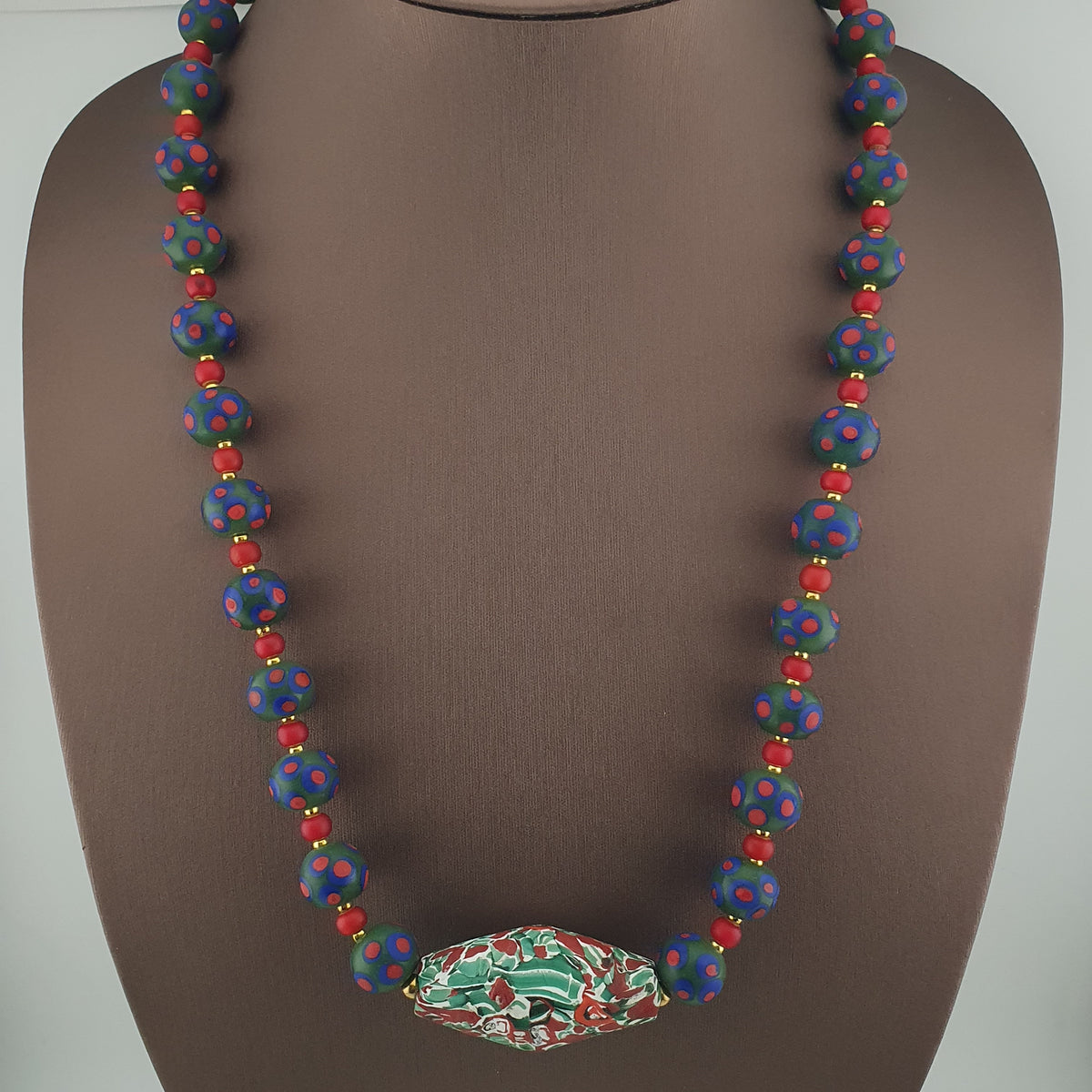 Antique Venetian Trade Beads Eye Glass, WhiteHeart & Millefiori Pendant Necklace