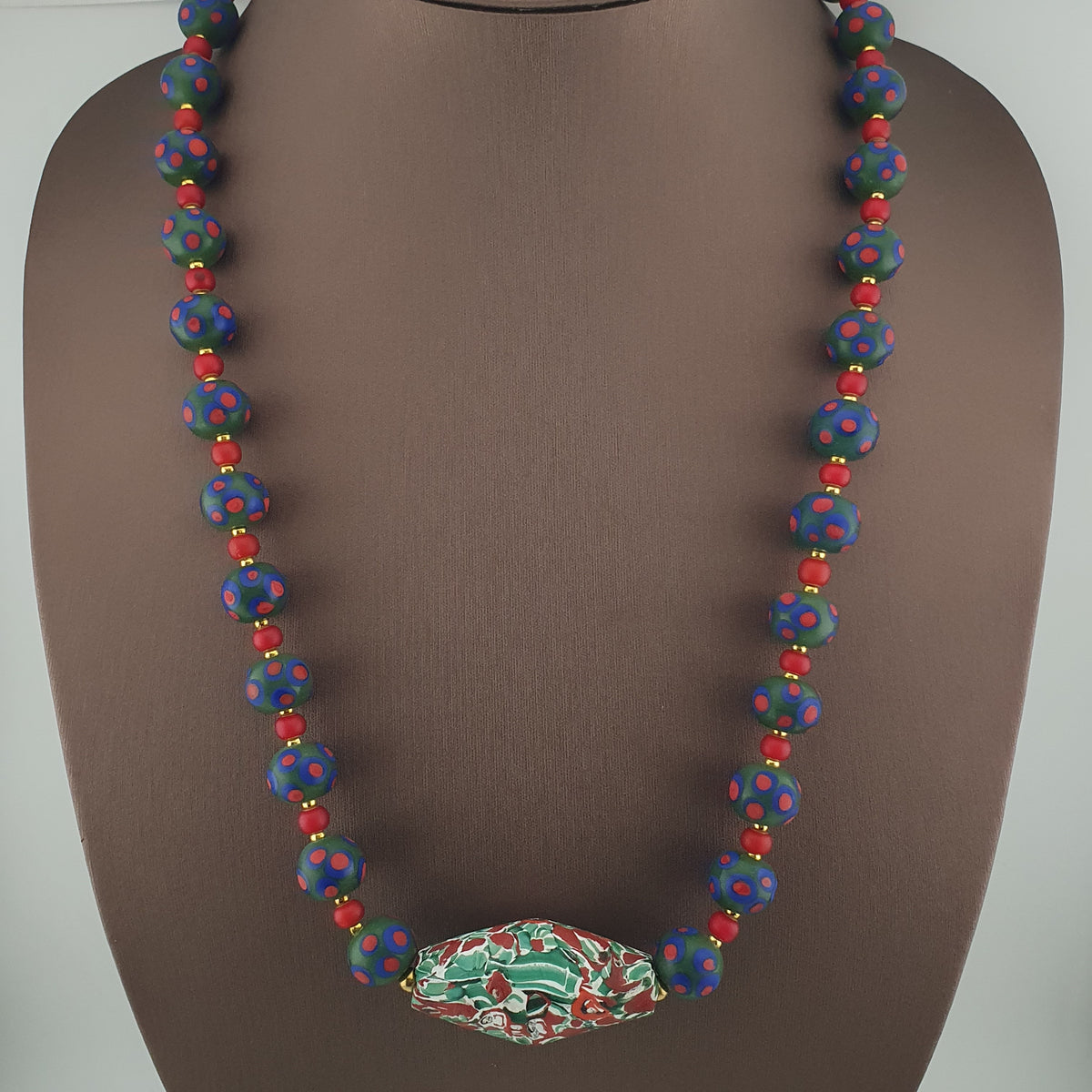 Antique Venetian Trade Beads Eye Glass, WhiteHeart & Millefiori Pendant Necklace
