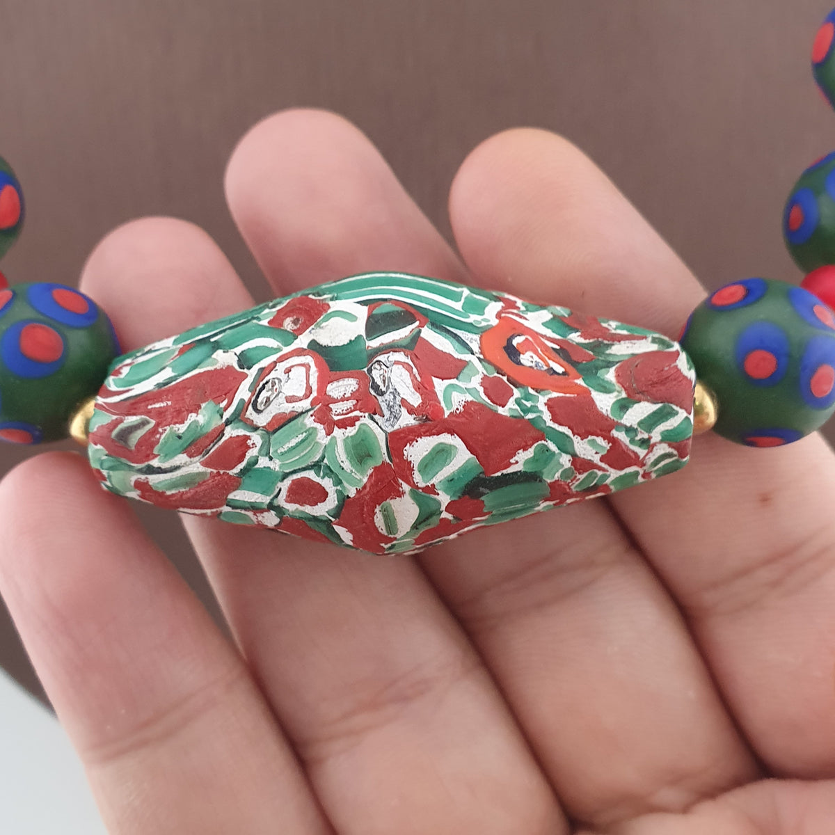 Antique Venetian Trade Beads Eye Glass, WhiteHeart & Millefiori Pendant Necklace