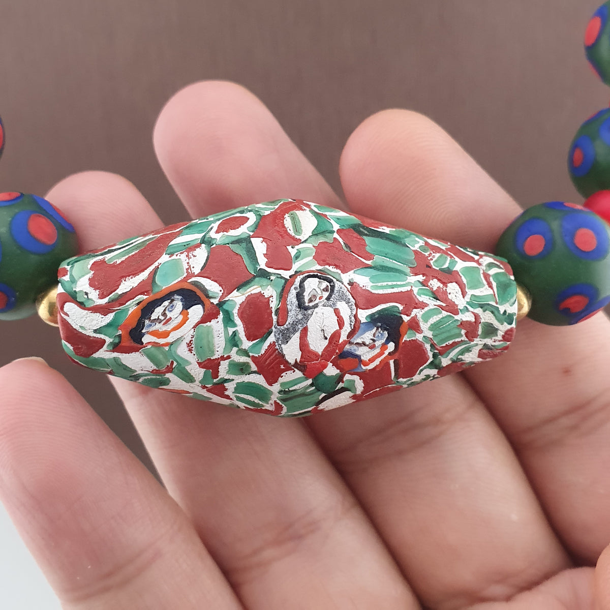 Antique Venetian Trade Beads Eye Glass, WhiteHeart & Millefiori Pendant Necklace