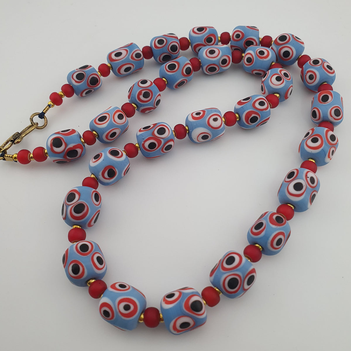 Antique Venetian Style Sky Blue Eyes & Venetian WhiteHeart Glass Beads Necklace