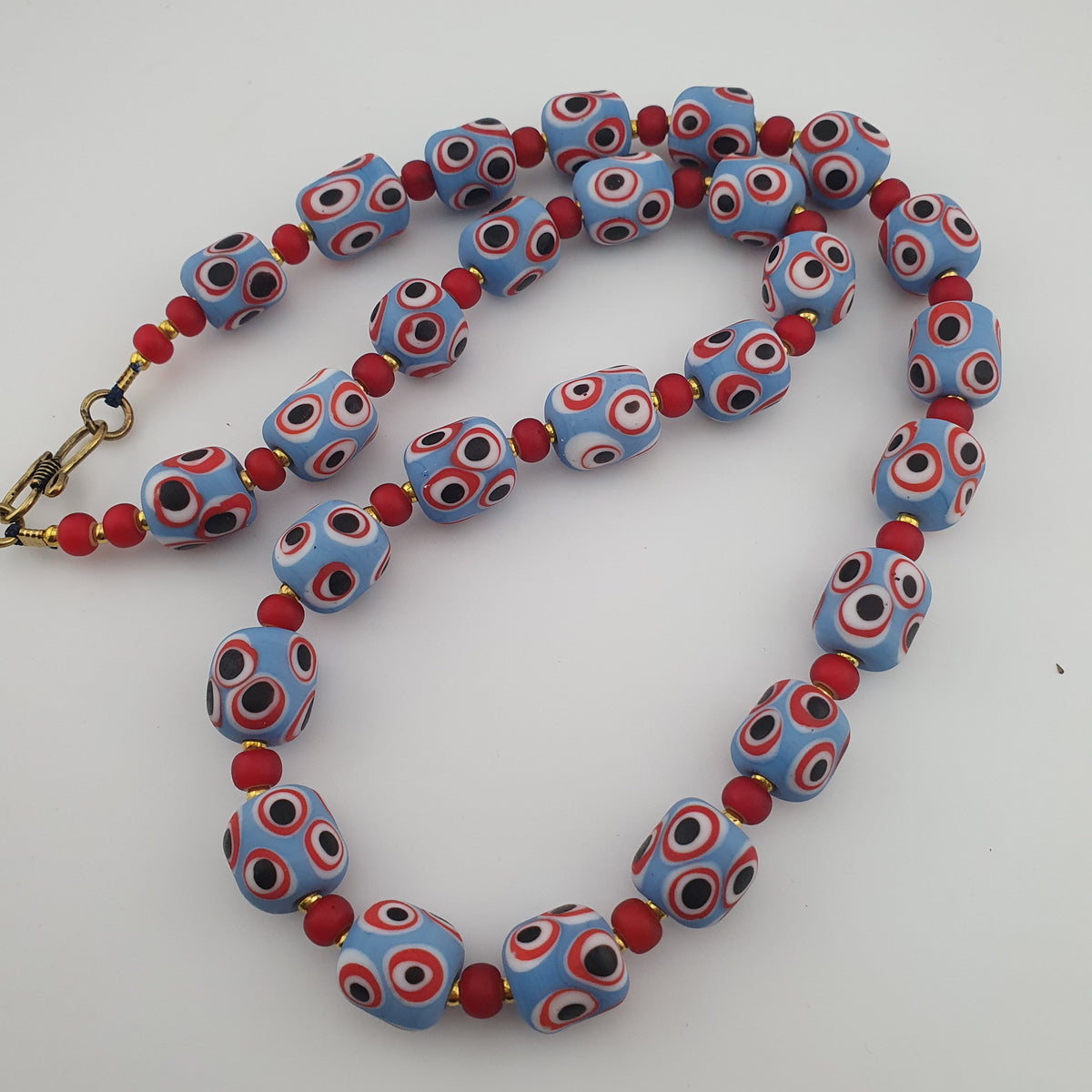 Antique Venetian Style Sky Blue Eyes & Venetian WhiteHeart Glass Beads Necklace