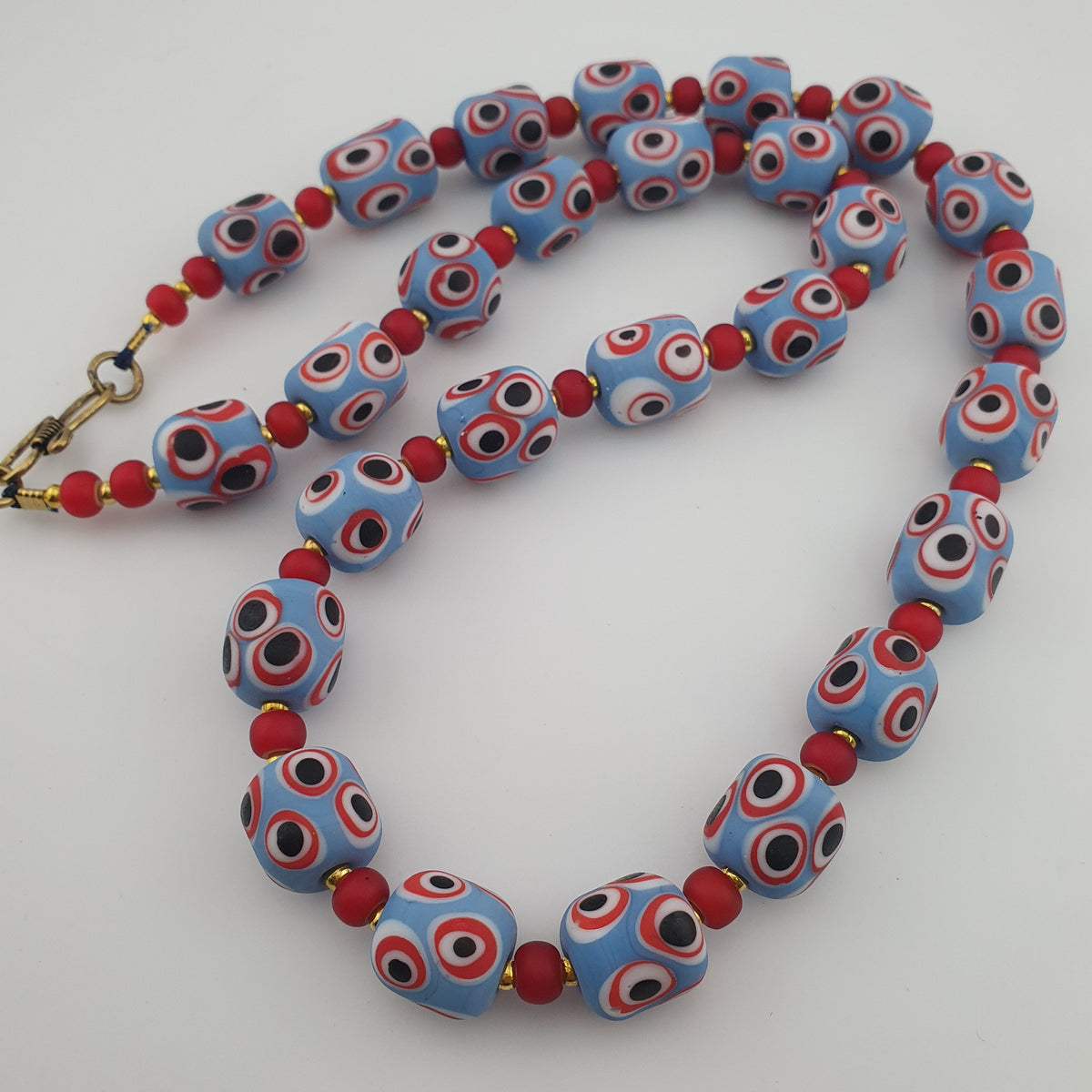 Antique Venetian Style Sky Blue Eyes & Venetian WhiteHeart Glass Beads Necklace