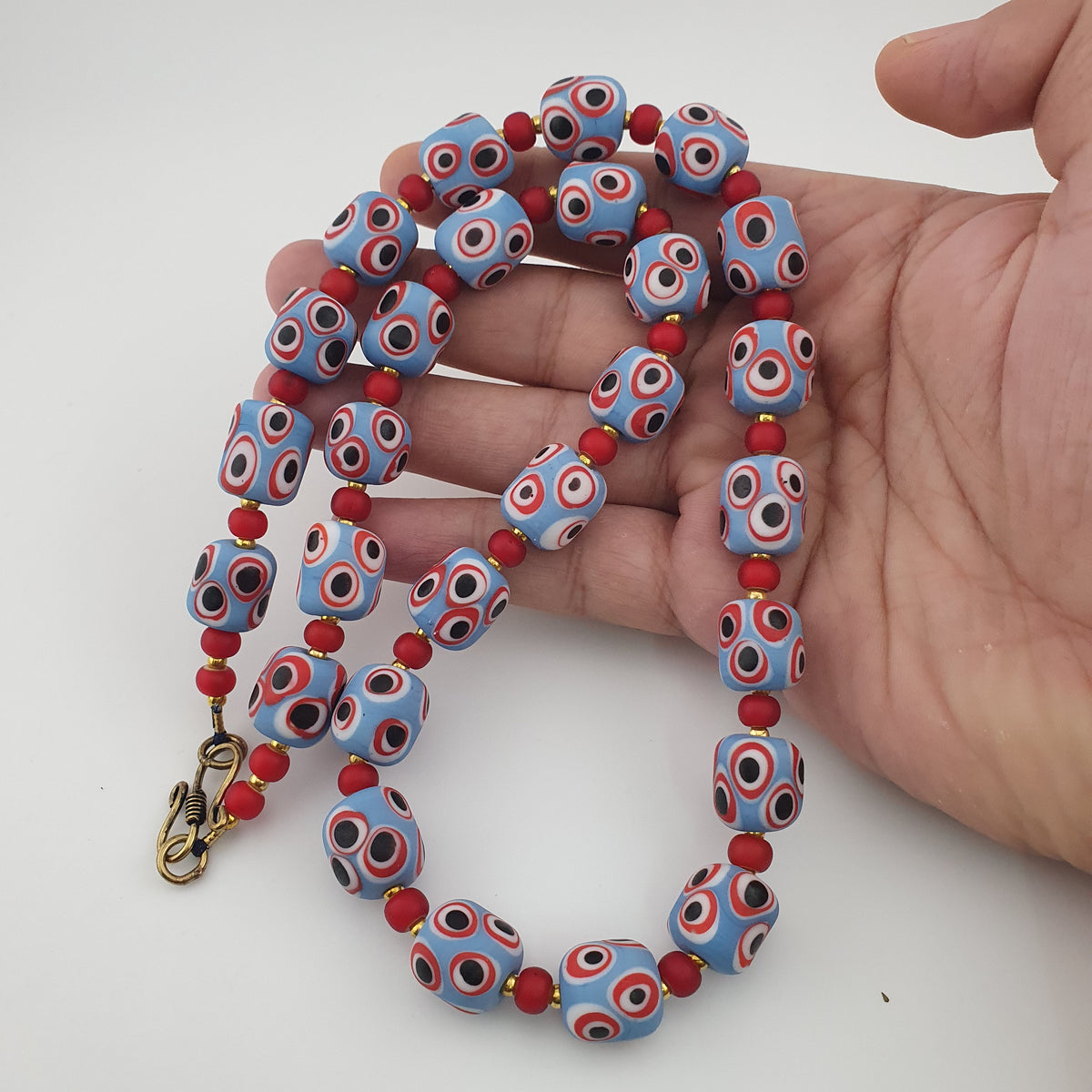 Antique Venetian Style Sky Blue Eyes & Venetian WhiteHeart Glass Beads Necklace