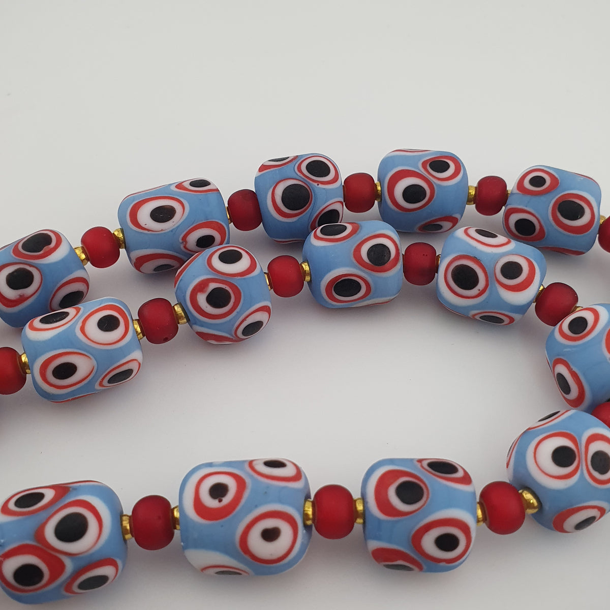 Antique Venetian Style Sky Blue Eyes & Venetian WhiteHeart Glass Beads Necklace