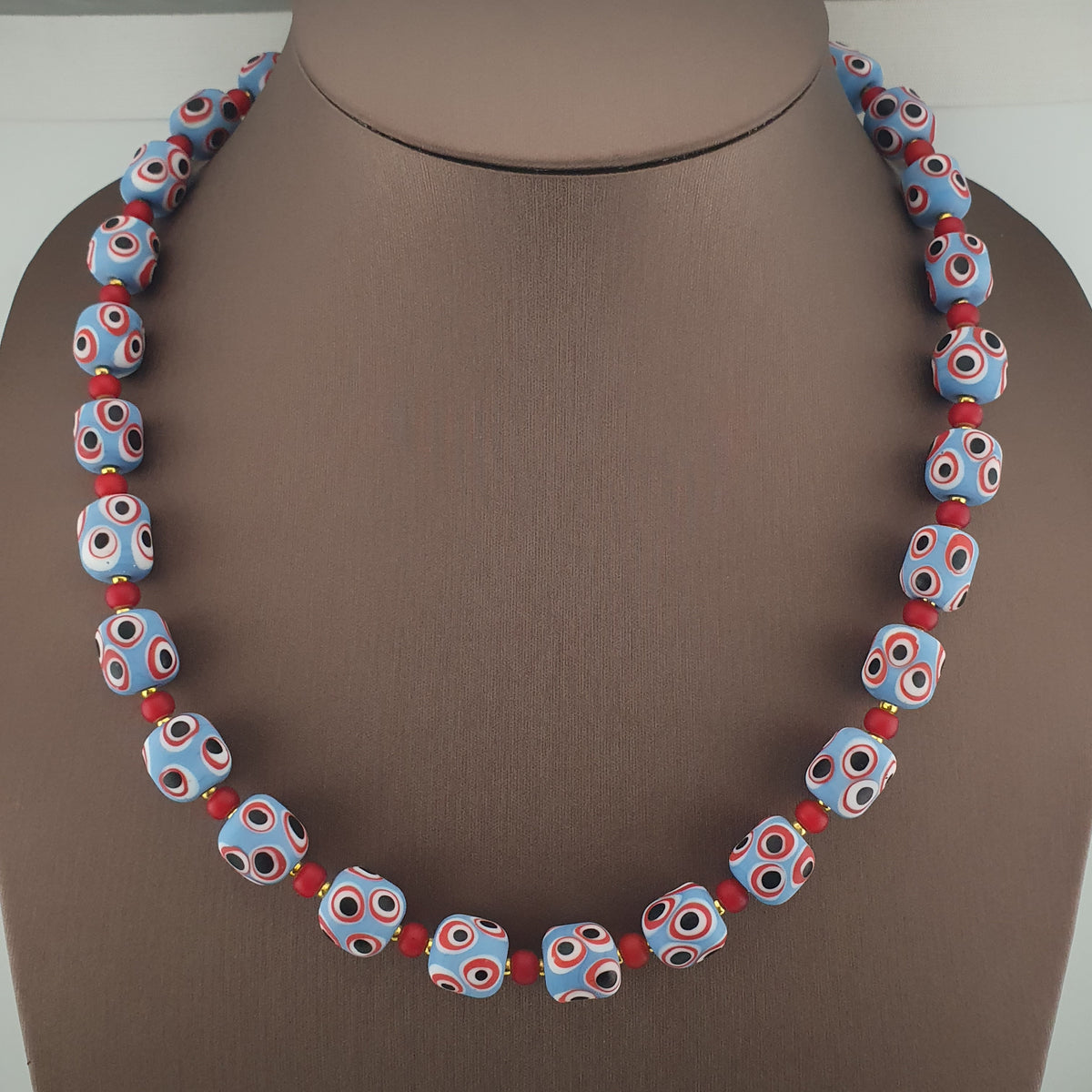 Antique Venetian Style Sky Blue Eyes & Venetian WhiteHeart Glass Beads Necklace