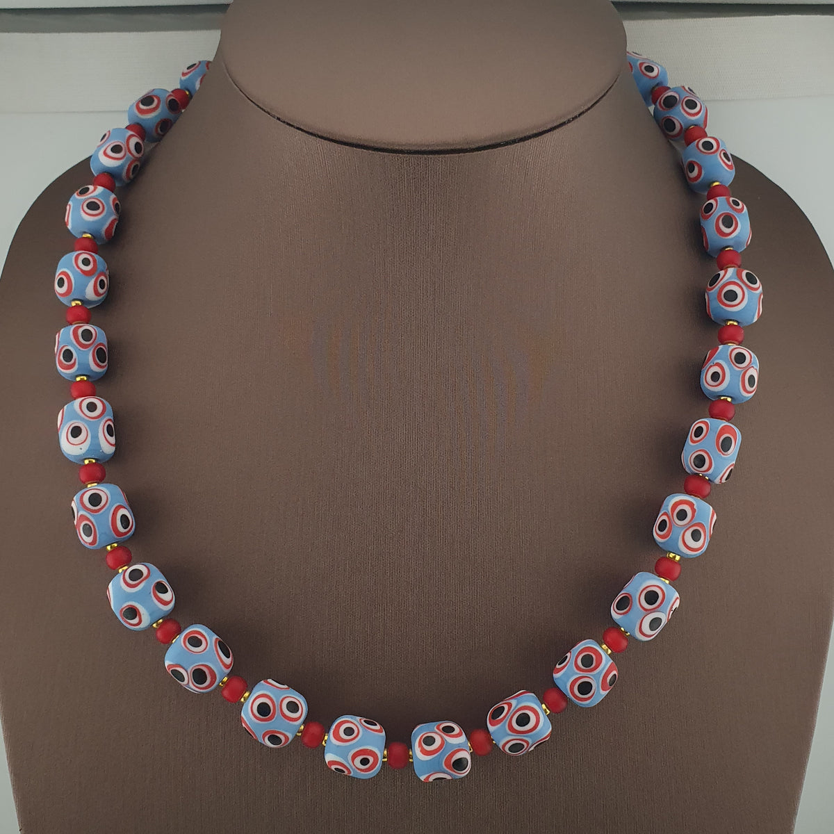 Antique Venetian Style Sky Blue Eyes & Venetian WhiteHeart Glass Beads Necklace