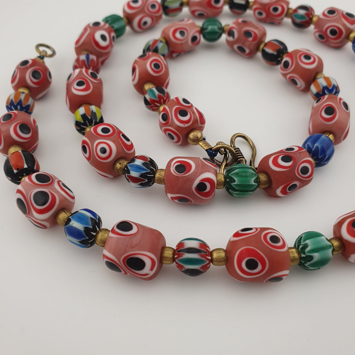 Antique Venetian Style Thousand Eyes & Chevron Glass Beads Necklace