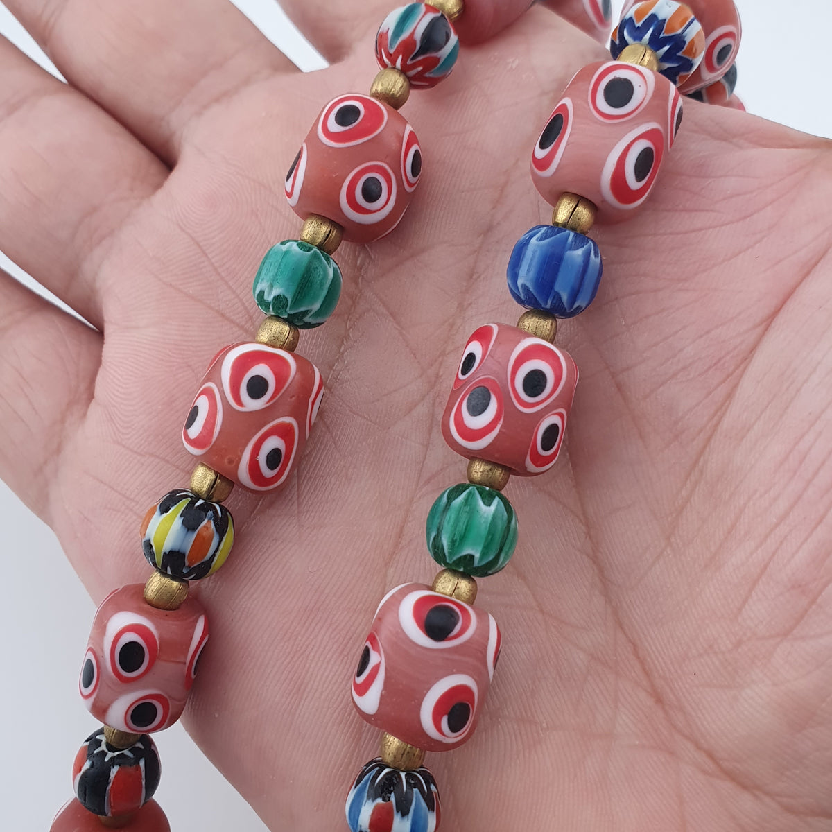 Antique Venetian Style Thousand Eyes & Chevron Glass Beads Necklace