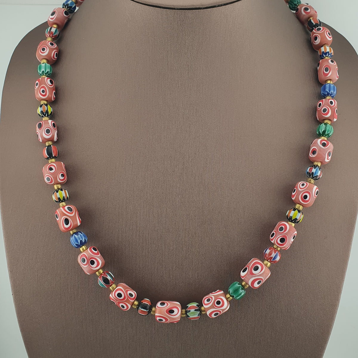 Antique Venetian Style Thousand Eyes & Chevron Glass Beads Necklace