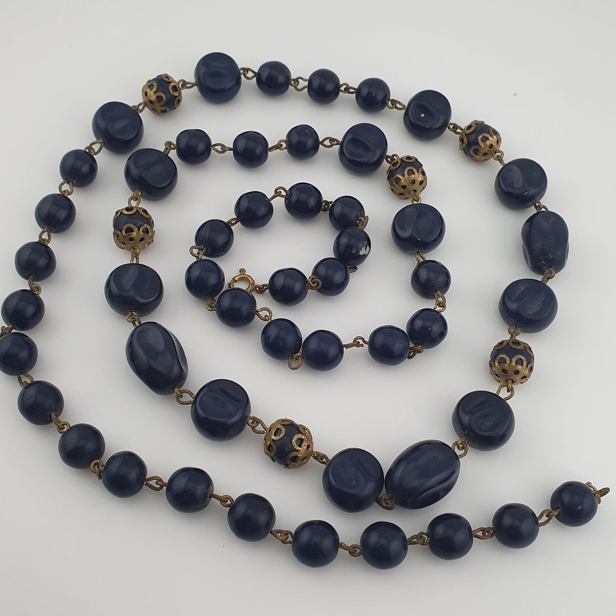 Antique African Style Cobalt Blue Glass & Brass Beads Long Necklace