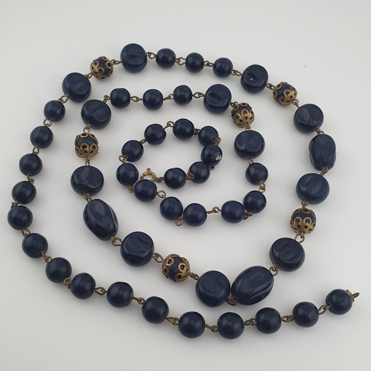 Antique African Style Cobalt Blue Glass & Brass Beads Long Necklace