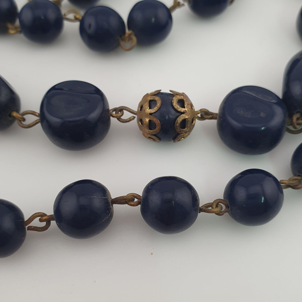 Antique African Style Cobalt Blue Glass & Brass Beads Long Necklace