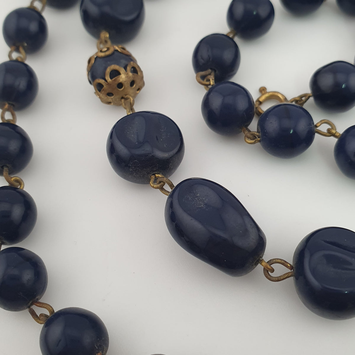 Antique African Style Cobalt Blue Glass & Brass Beads Long Necklace