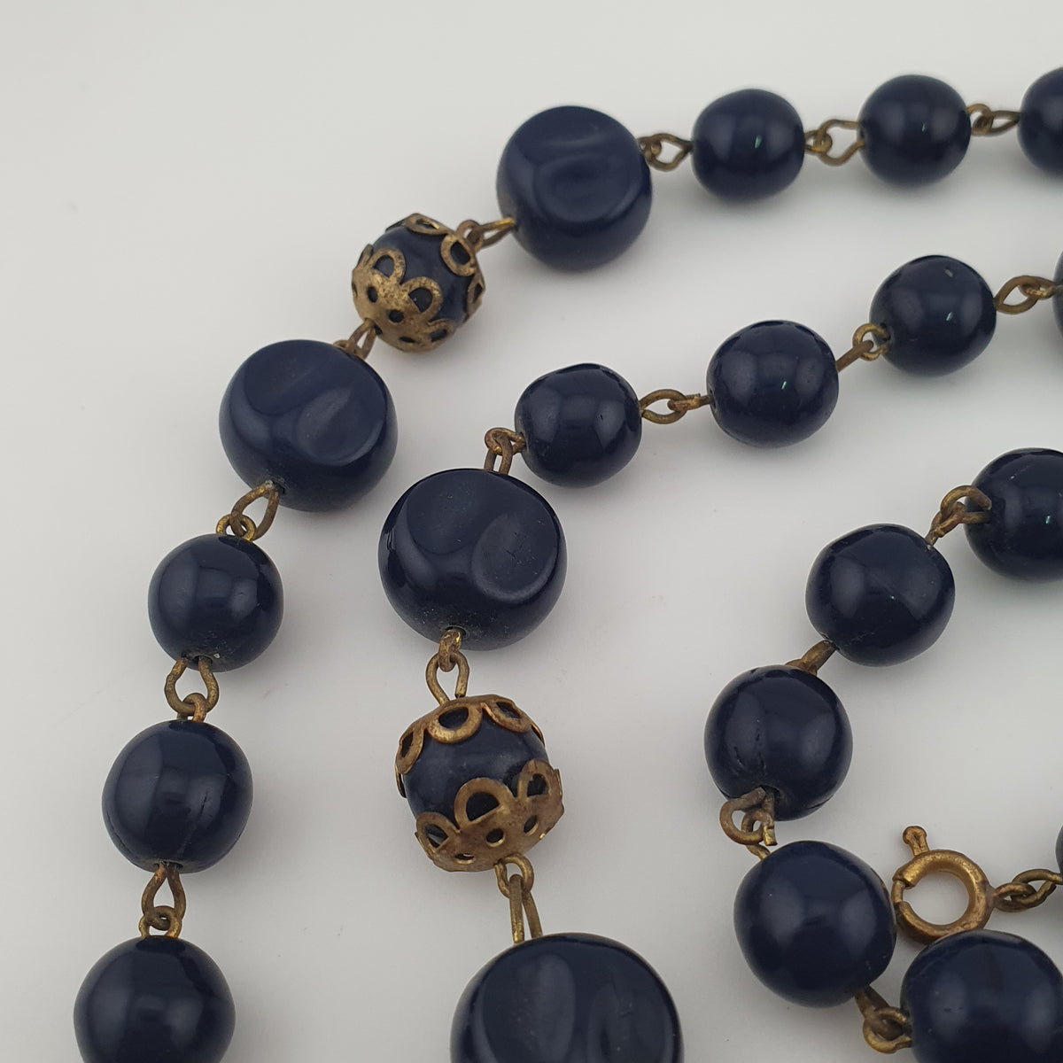 Antique African Style Cobalt Blue Glass & Brass Beads Long Necklace