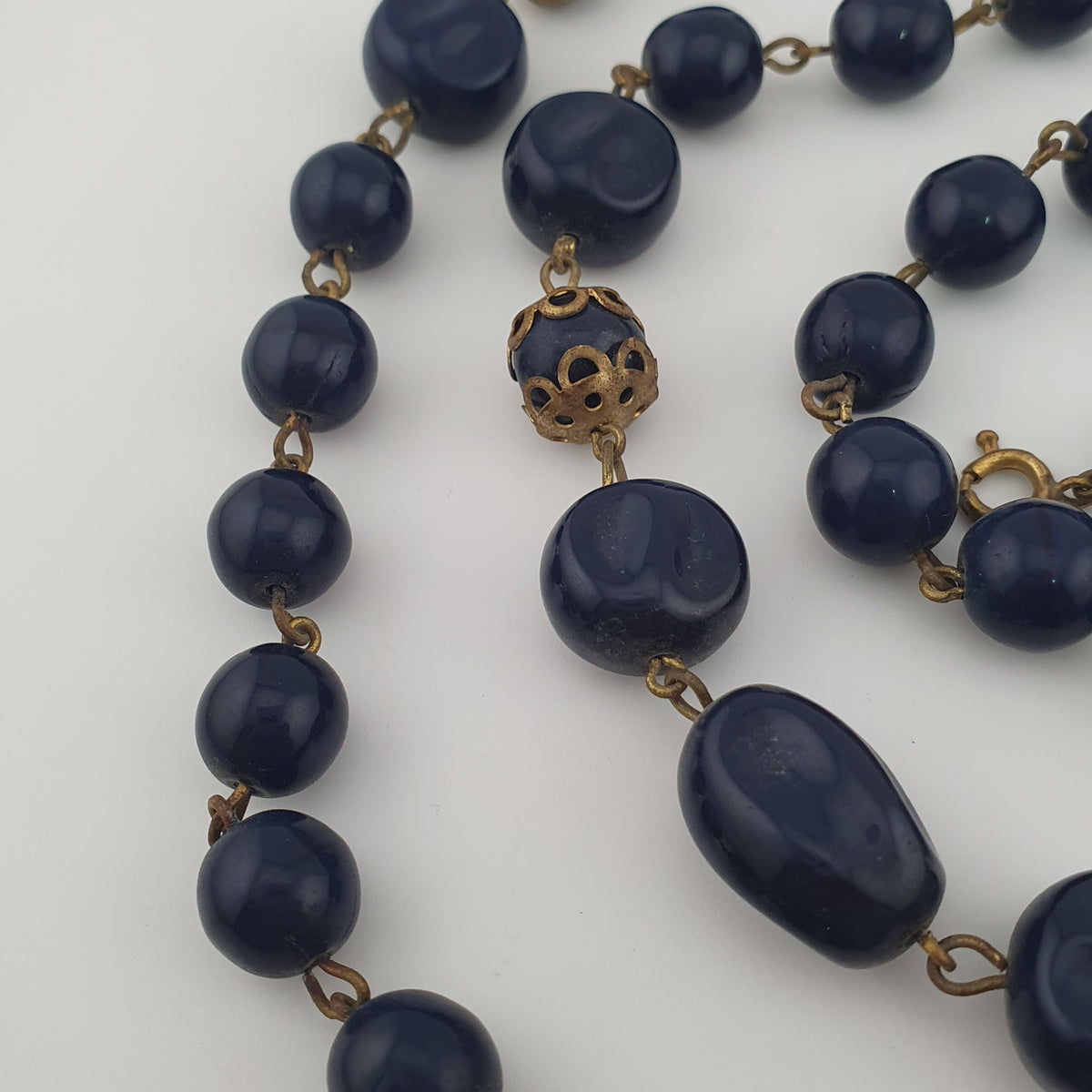 Antique African Style Cobalt Blue Glass & Brass Beads Long Necklace