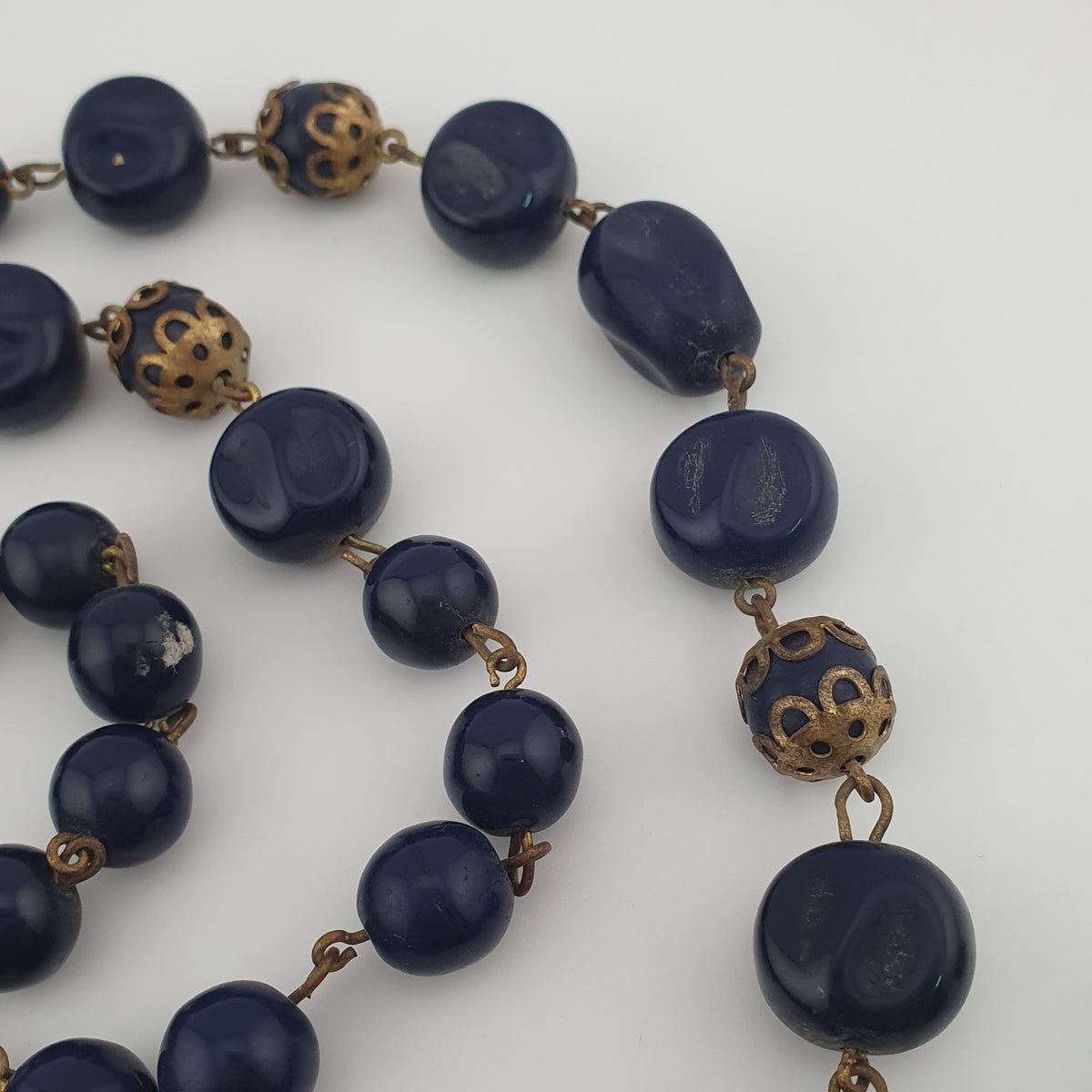 Antique African Style Cobalt Blue Glass & Brass Beads Long Necklace