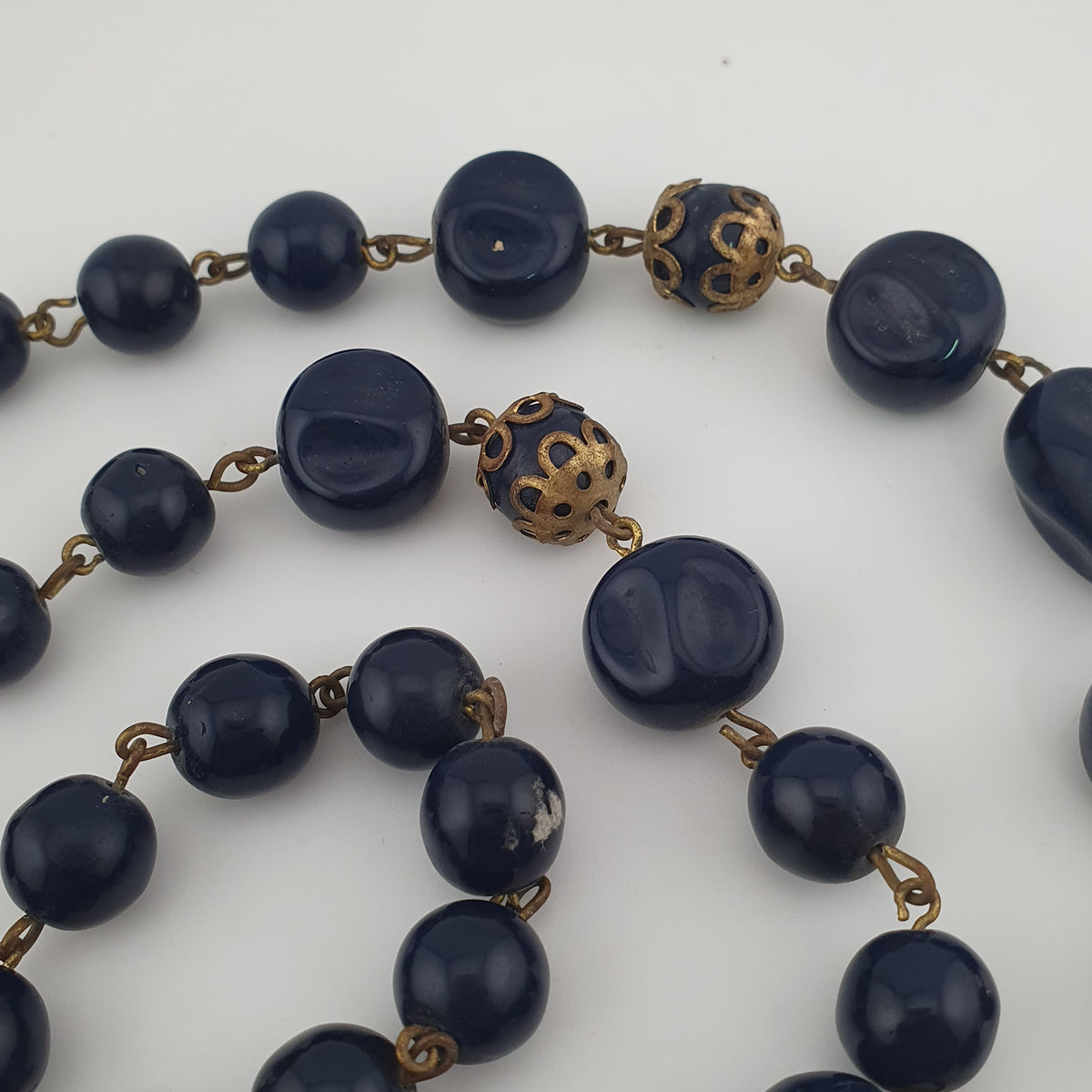 Antique African Style Cobalt Blue Glass & Brass Beads Long Necklace