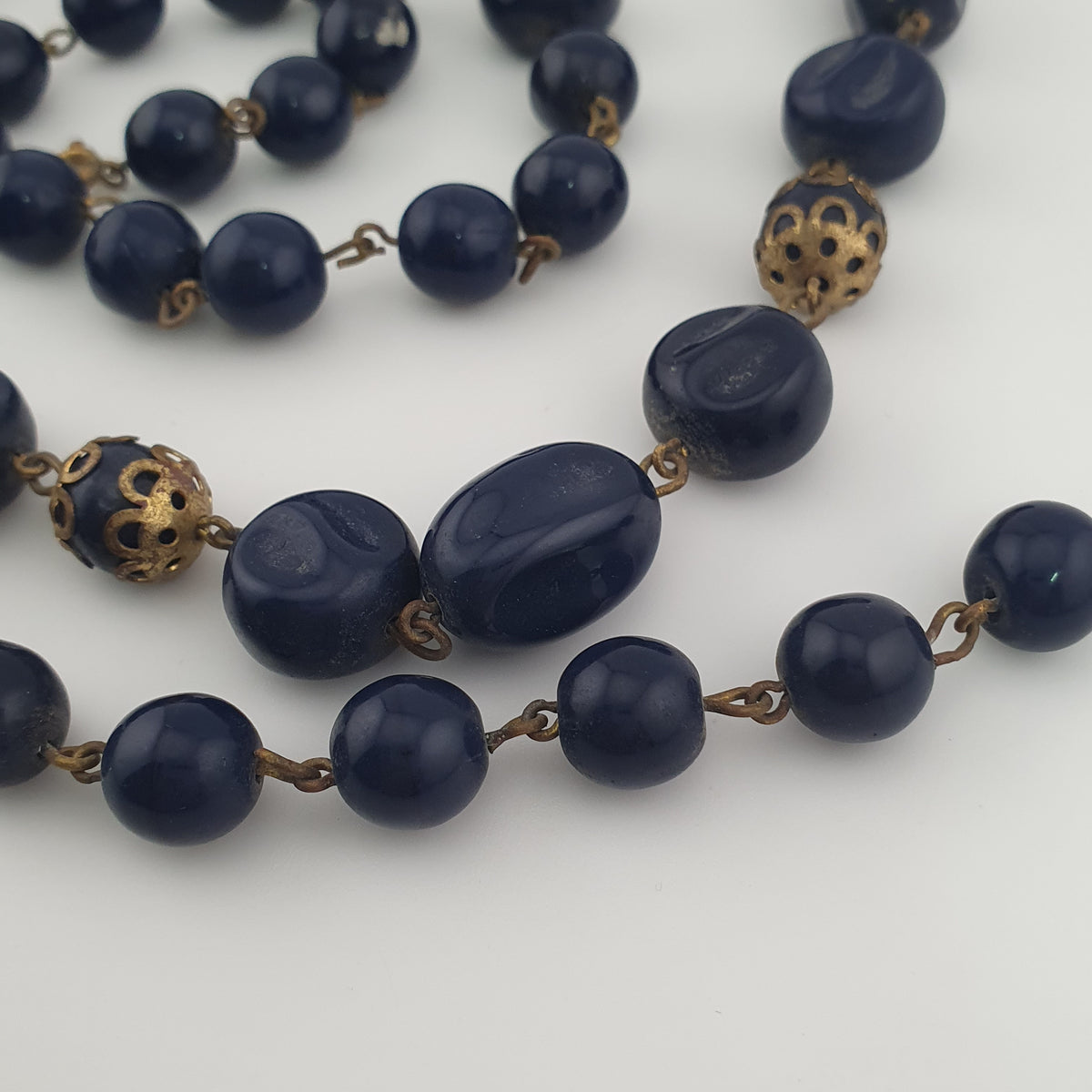 Antique African Style Cobalt Blue Glass & Brass Beads Long Necklace