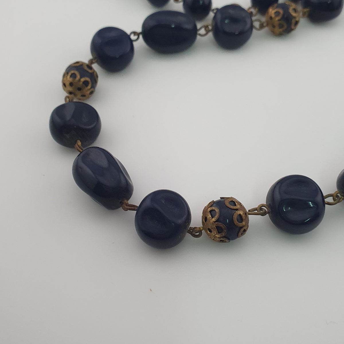 Antique African Style Cobalt Blue Glass & Brass Beads Long Necklace